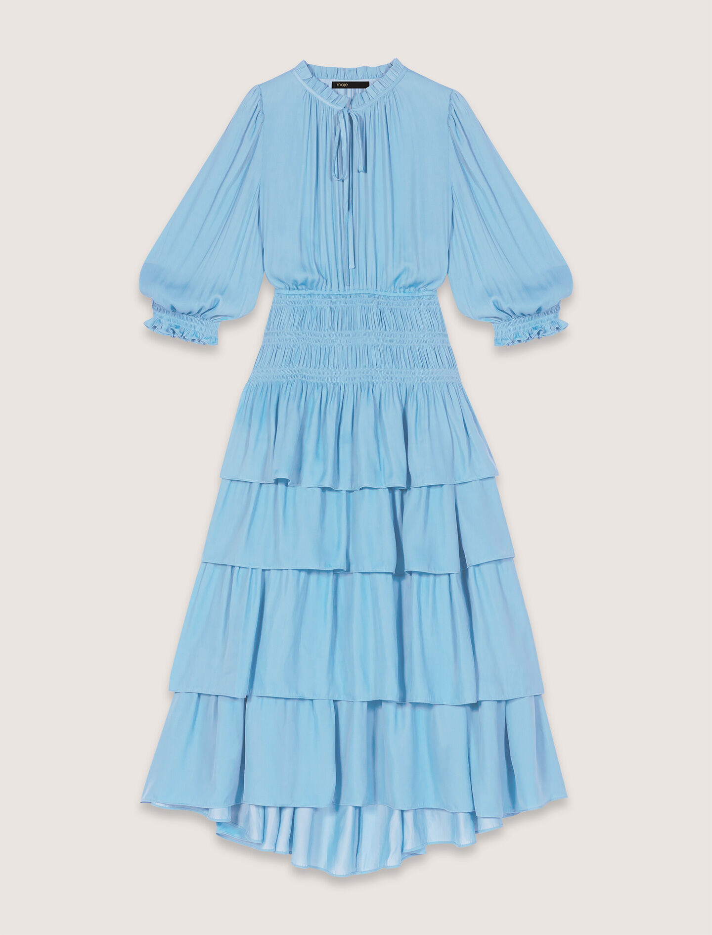 Robe longue satinée à volants bleu pour femme | Maje