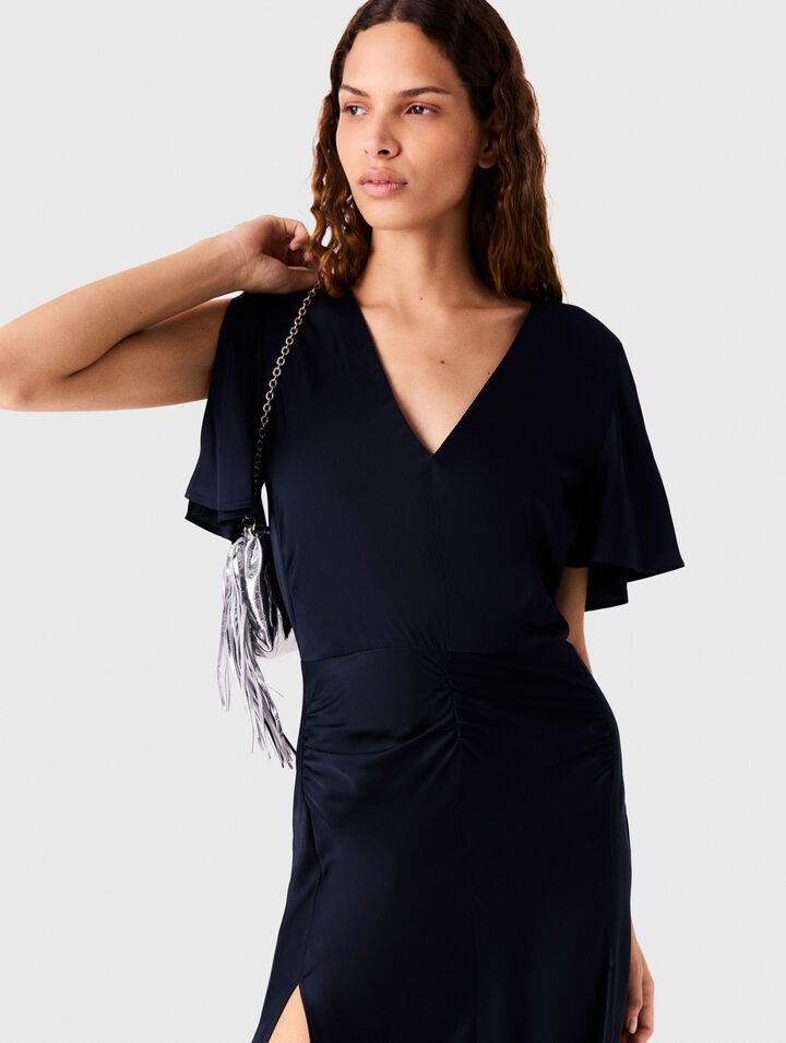 Robe longue drap&eacute;e en satin