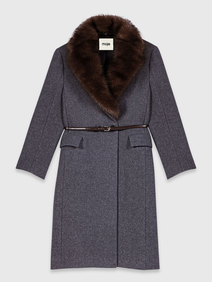 Manteau long et col fausse fourrure