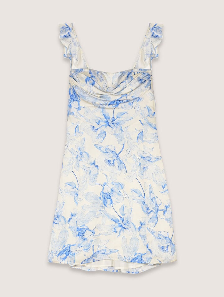 Maje Short Patterned Dress In Imprime Fleur Bleue Fond Ecru