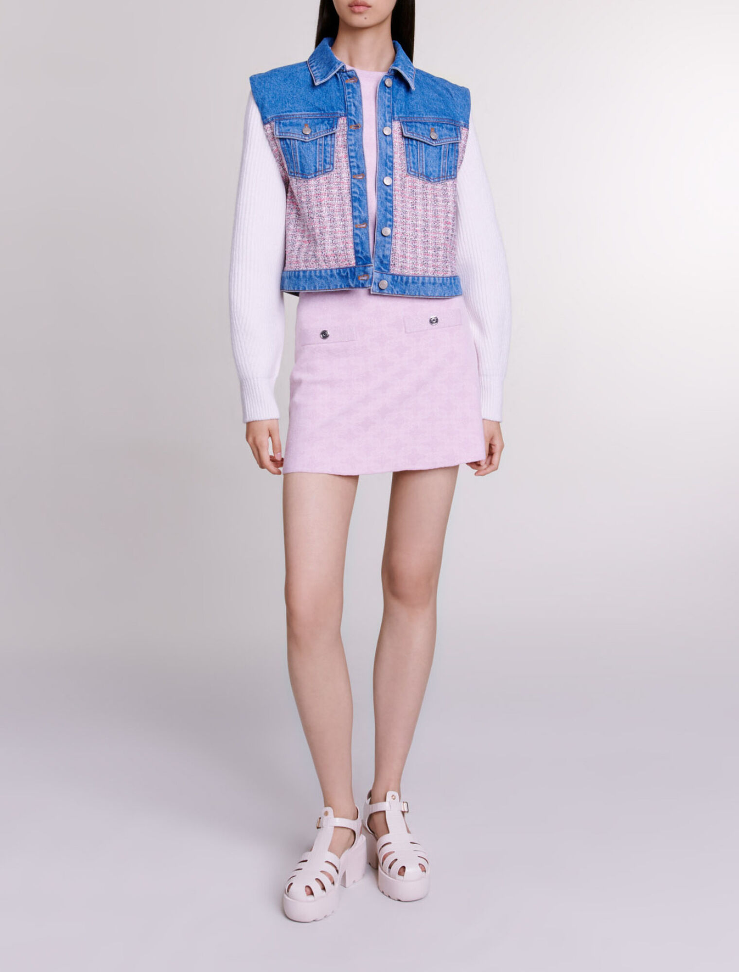 Blouson court en denim et tweed