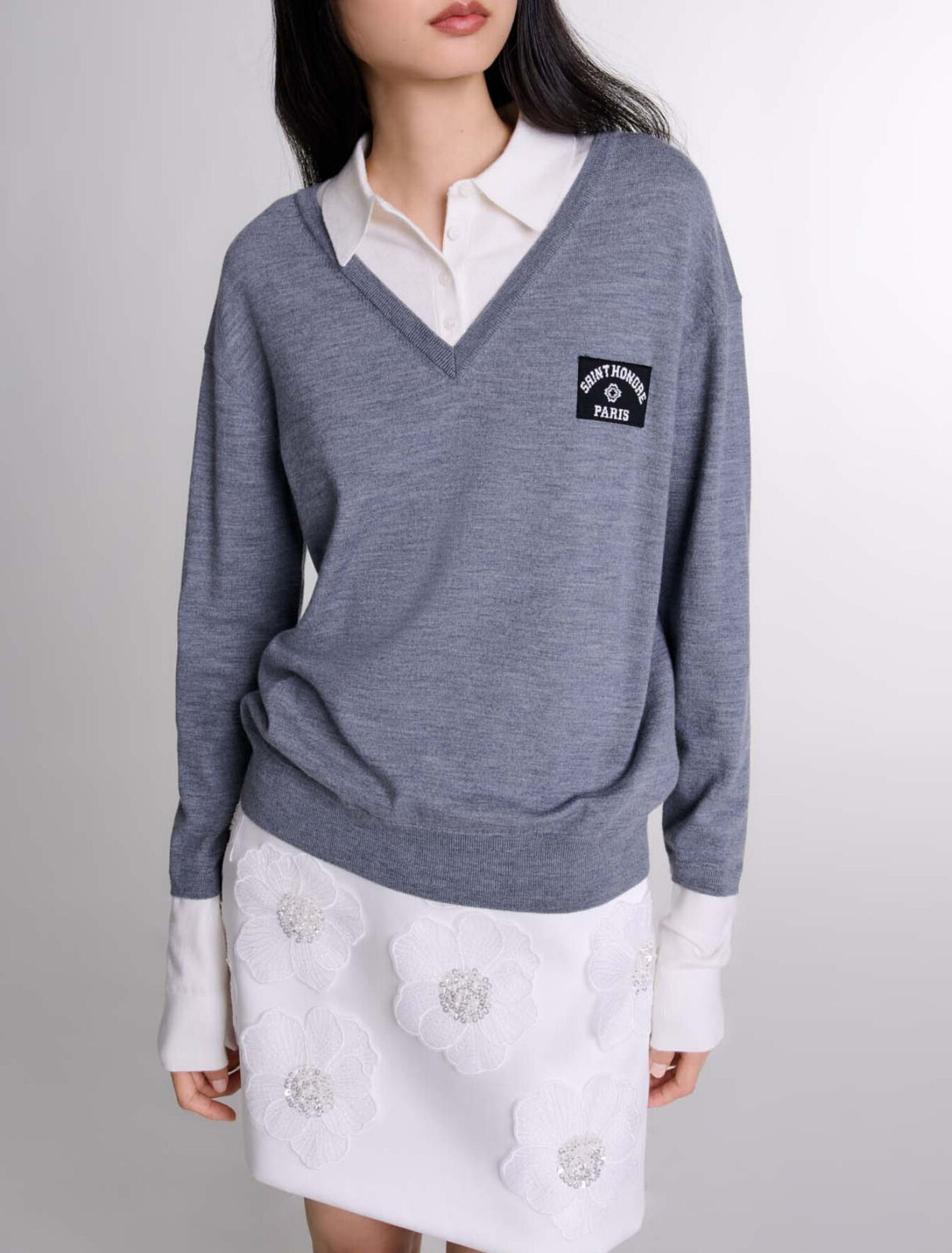 Pull trompe l'&oelig;il laine m&eacute;lang&eacute;e