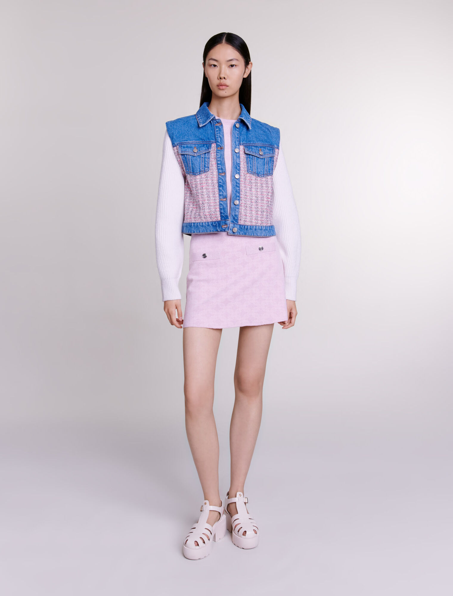 Blouson court en denim et tweed