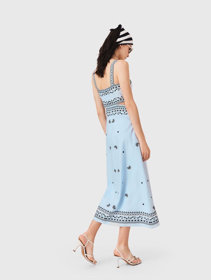 Robe longue brod&eacute;e en lin m&eacute;lang&eacute;