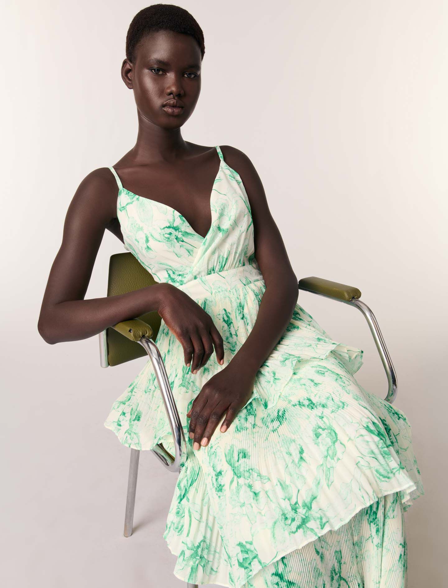 Robe longue imprimée à volants vert pour femme | Maje