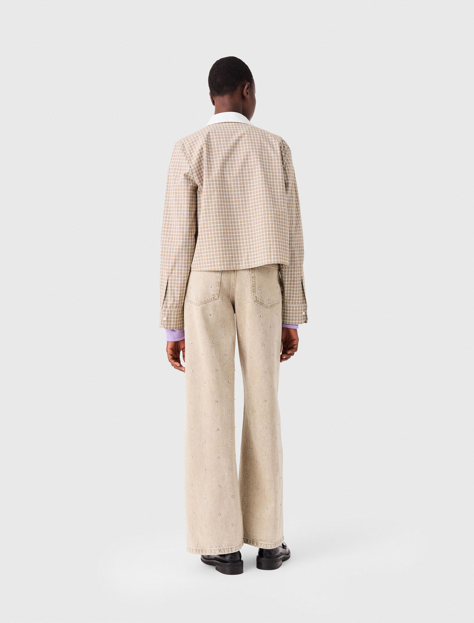 Chemise courte &agrave; carreaux strass&eacute;e