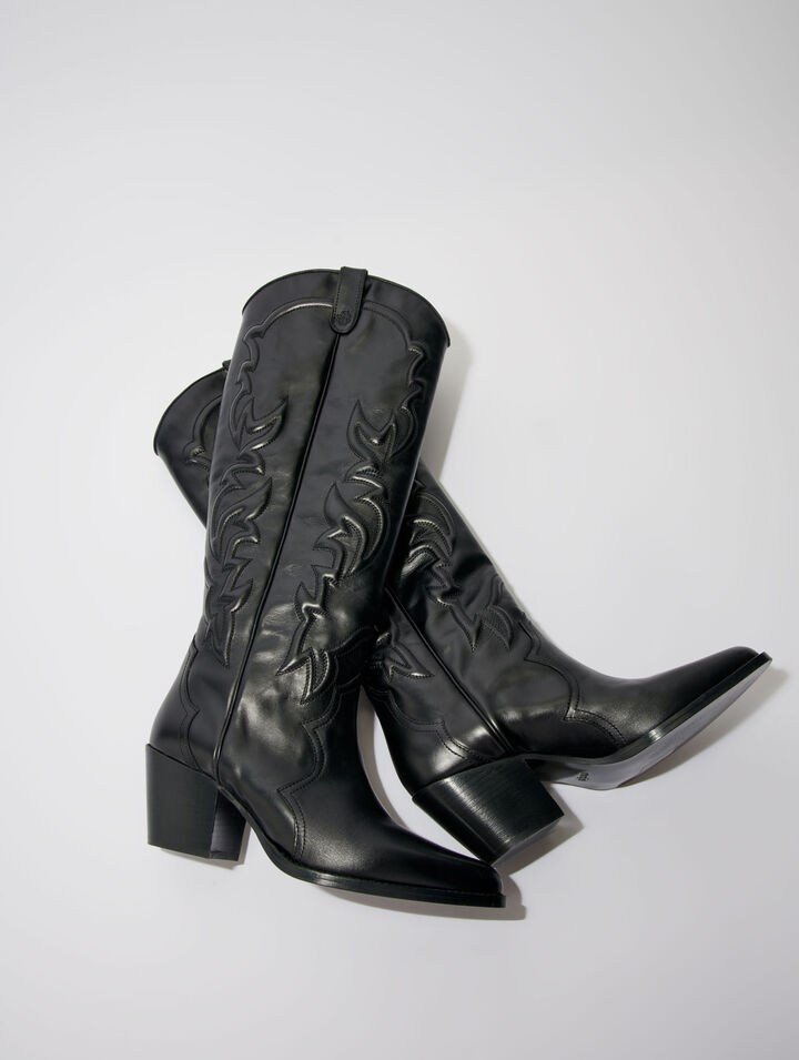 Bottes santiags en cuir lisse brodé
