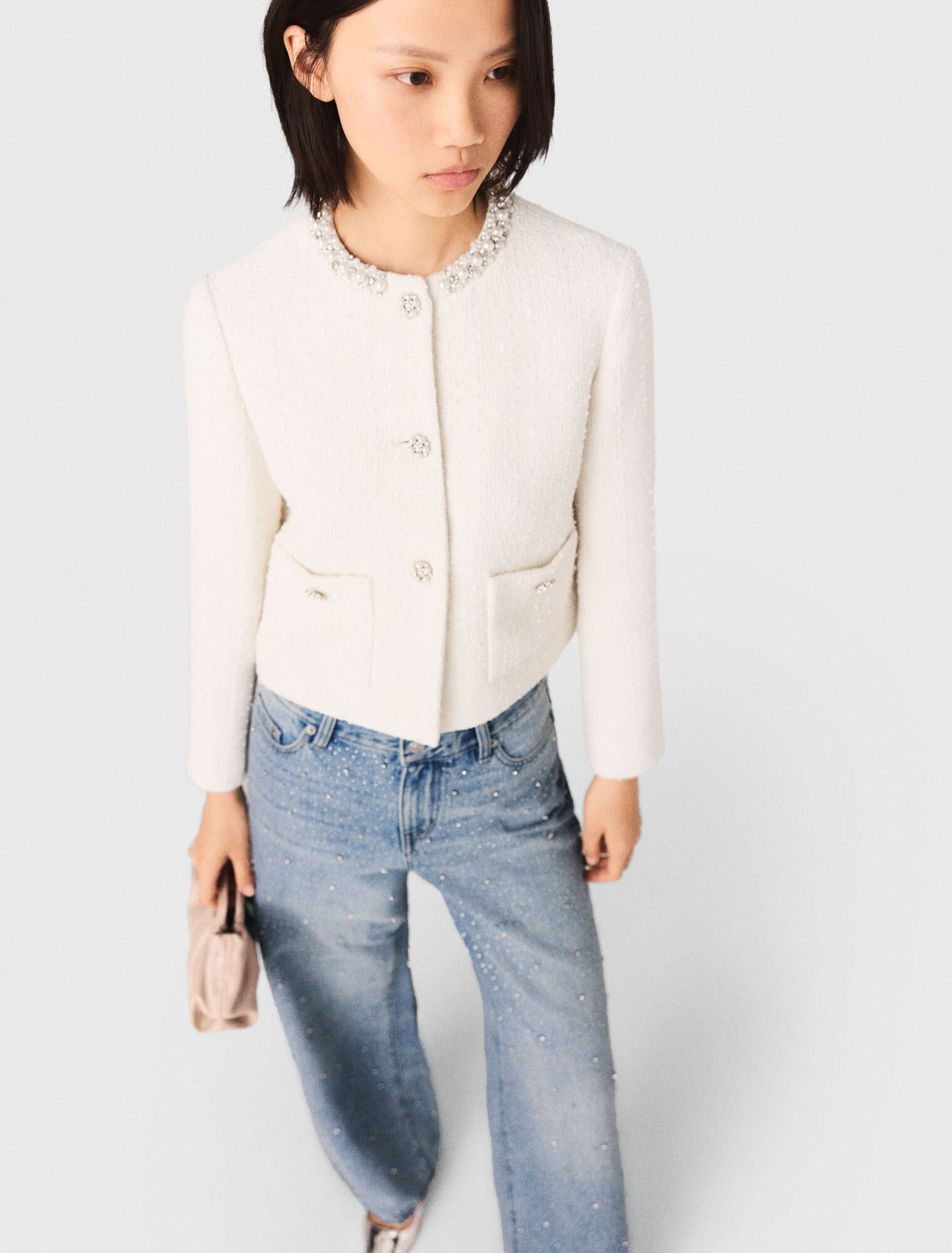 Veste en tweed et galon de perles