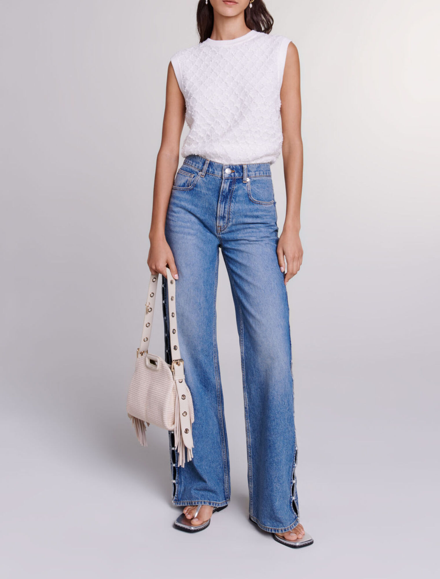 Jeans droit ajouré et perlé