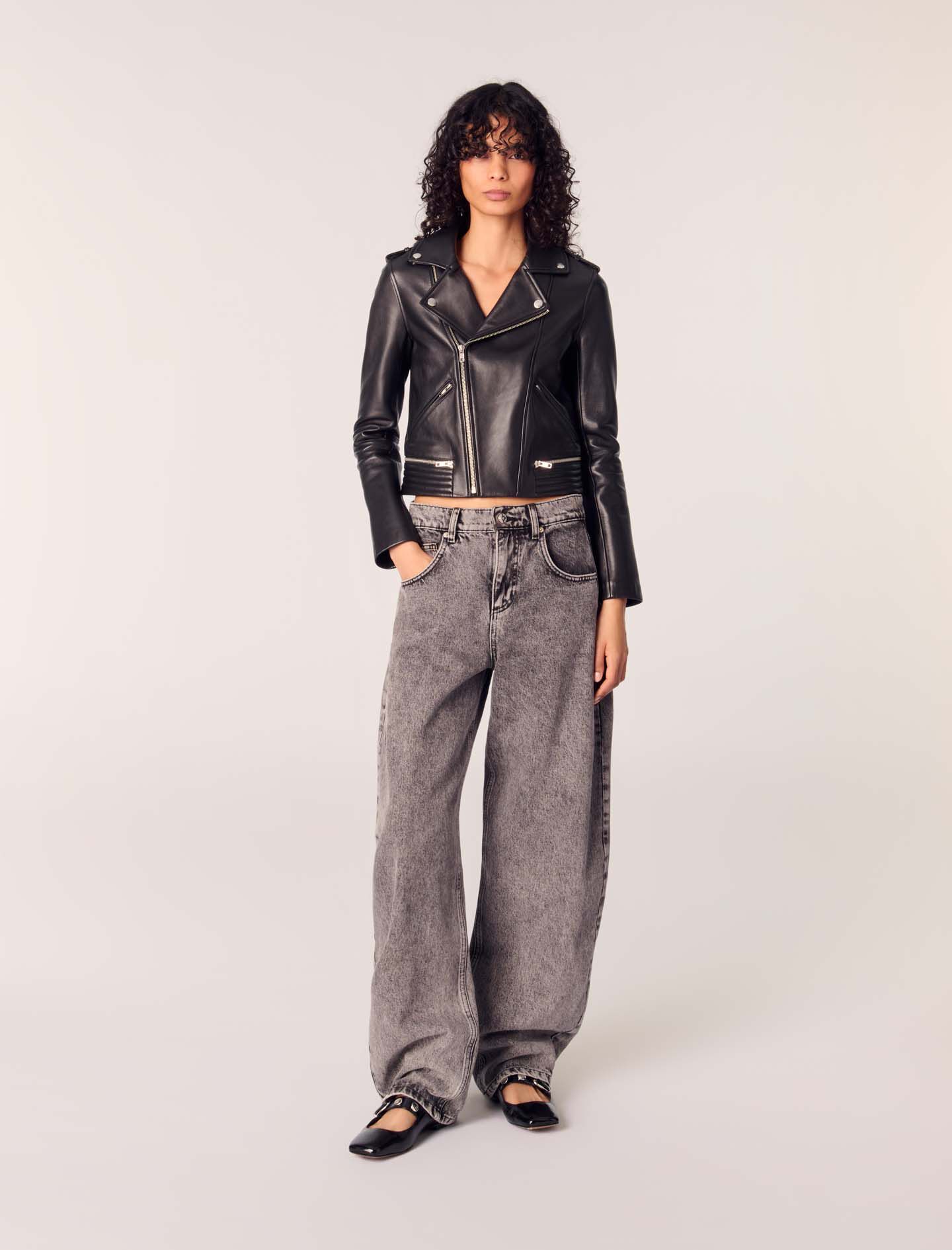 maje Blouson en cuir d'agneau Noir Réduction Vêtements