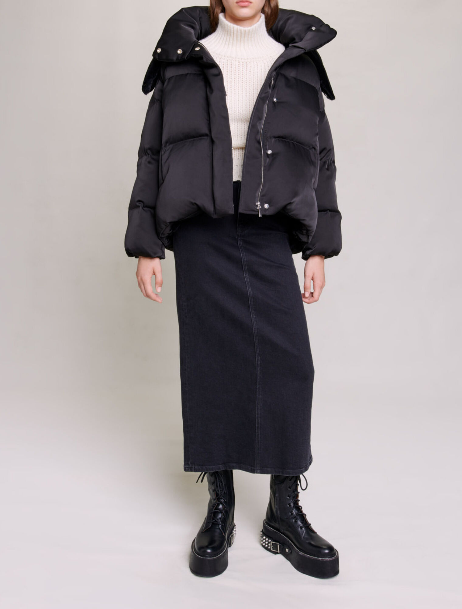 Doudoune courte matelassée satinée noir gris pour femme Maje