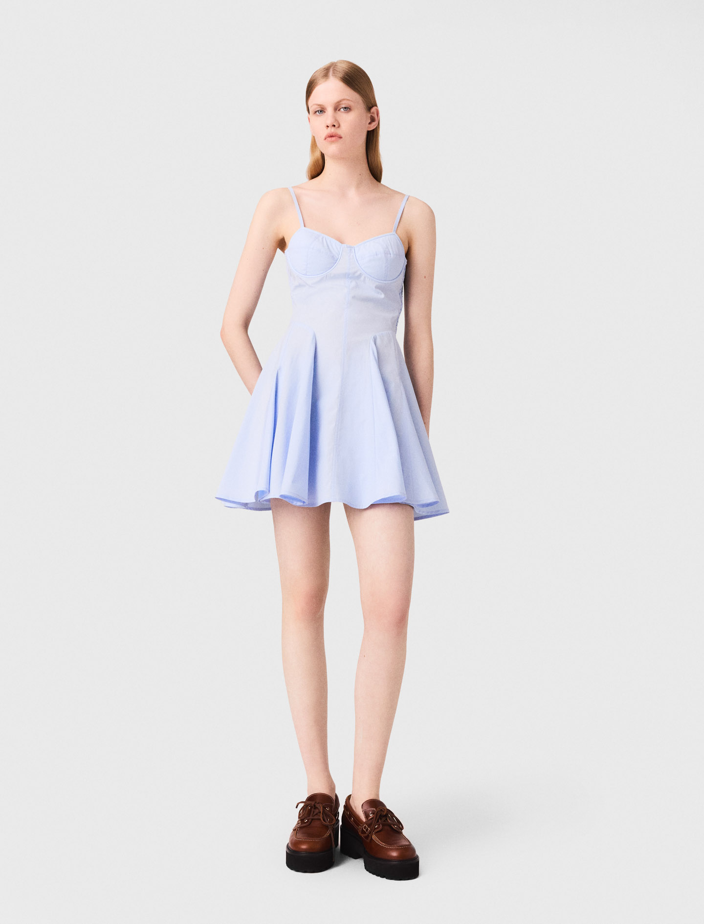 Maje Flared Cotton Mini Dress In Blue