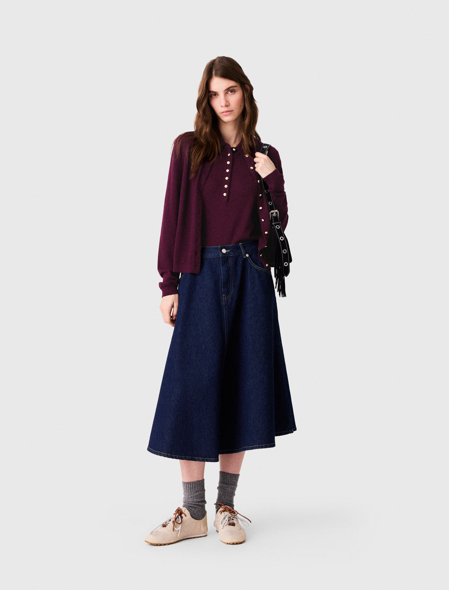 Jupe Évasée En Denim Mi-longue - Bleu Marine - Taille 34 - Maje