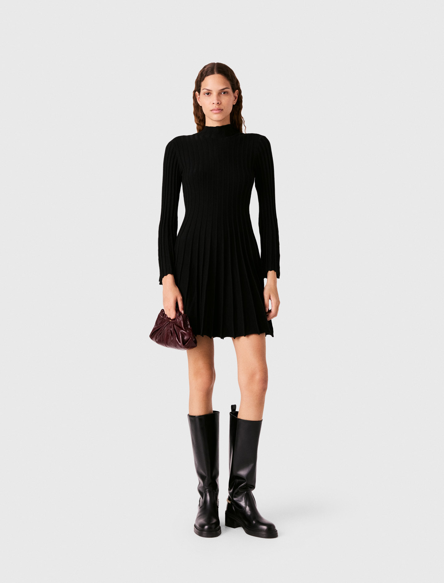 Robe Courte Patineuse À Col Montant - Noir - Taille 38 - Maje