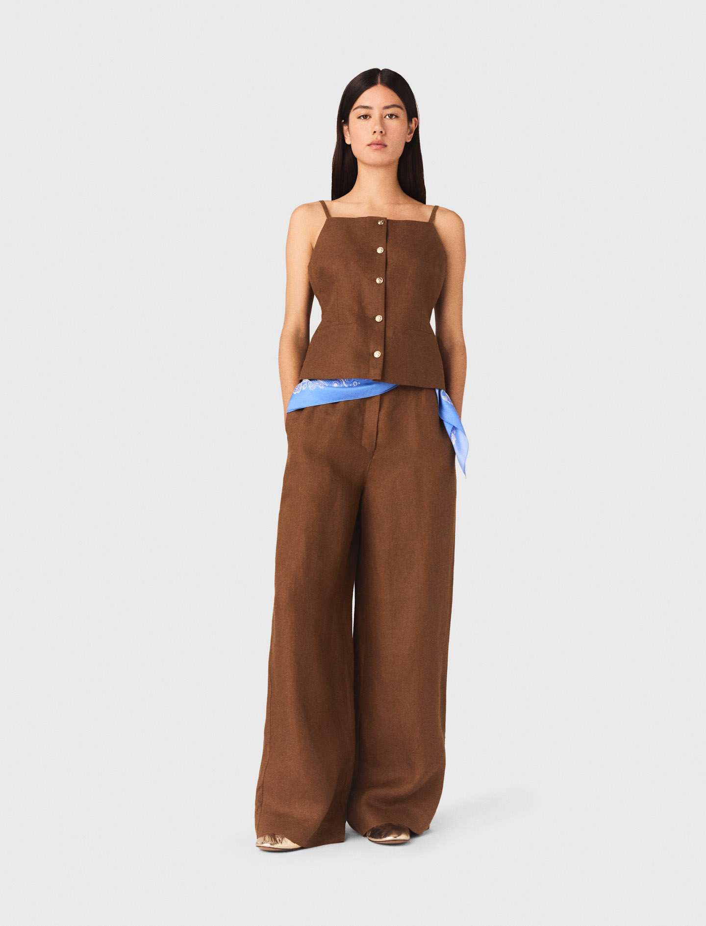 Top En Lin Mélangé - Marron - Taille 38 - Maje