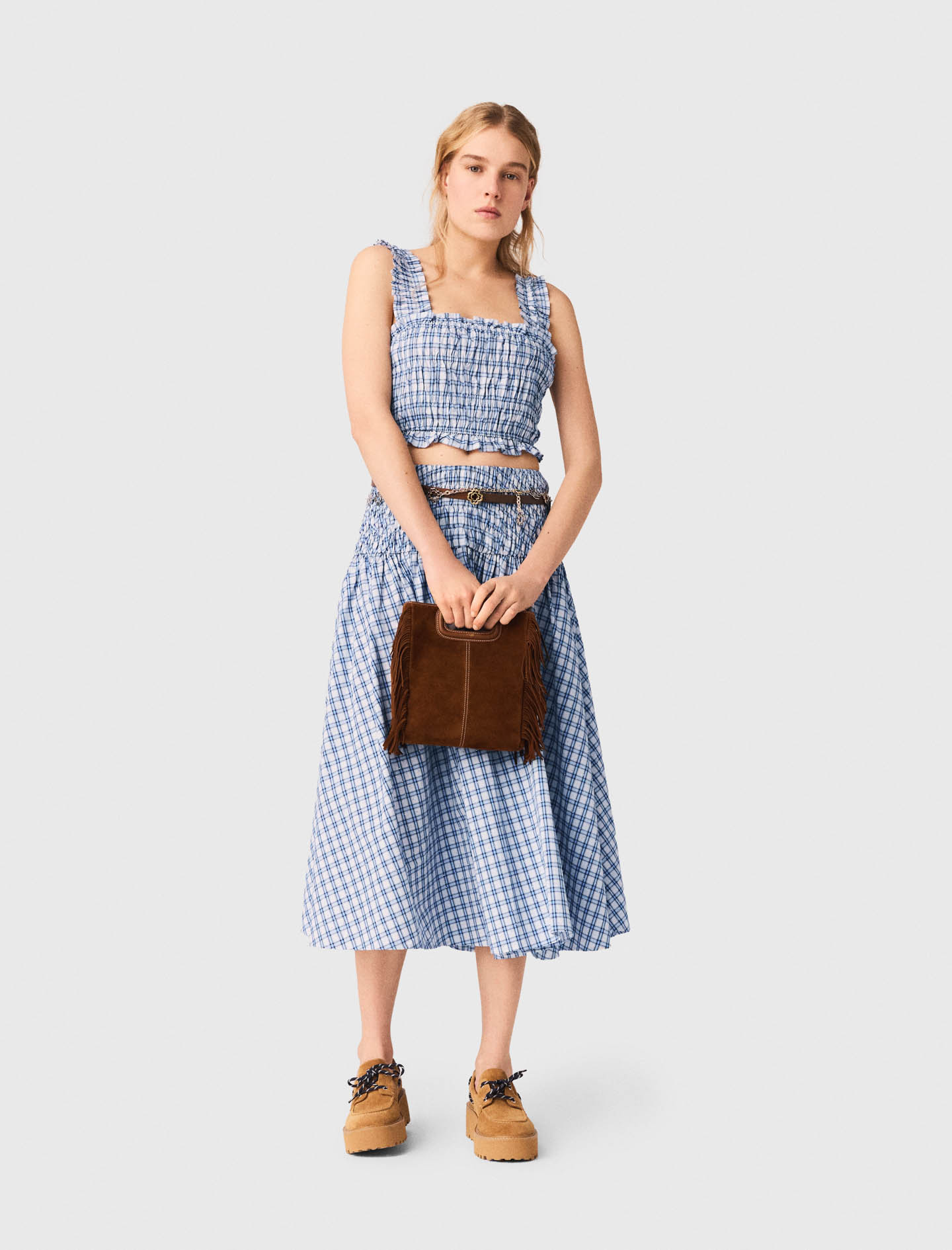 Top Smocké En Coton Strassé - Carreaux Bleus Print - Taille 0 - Maje