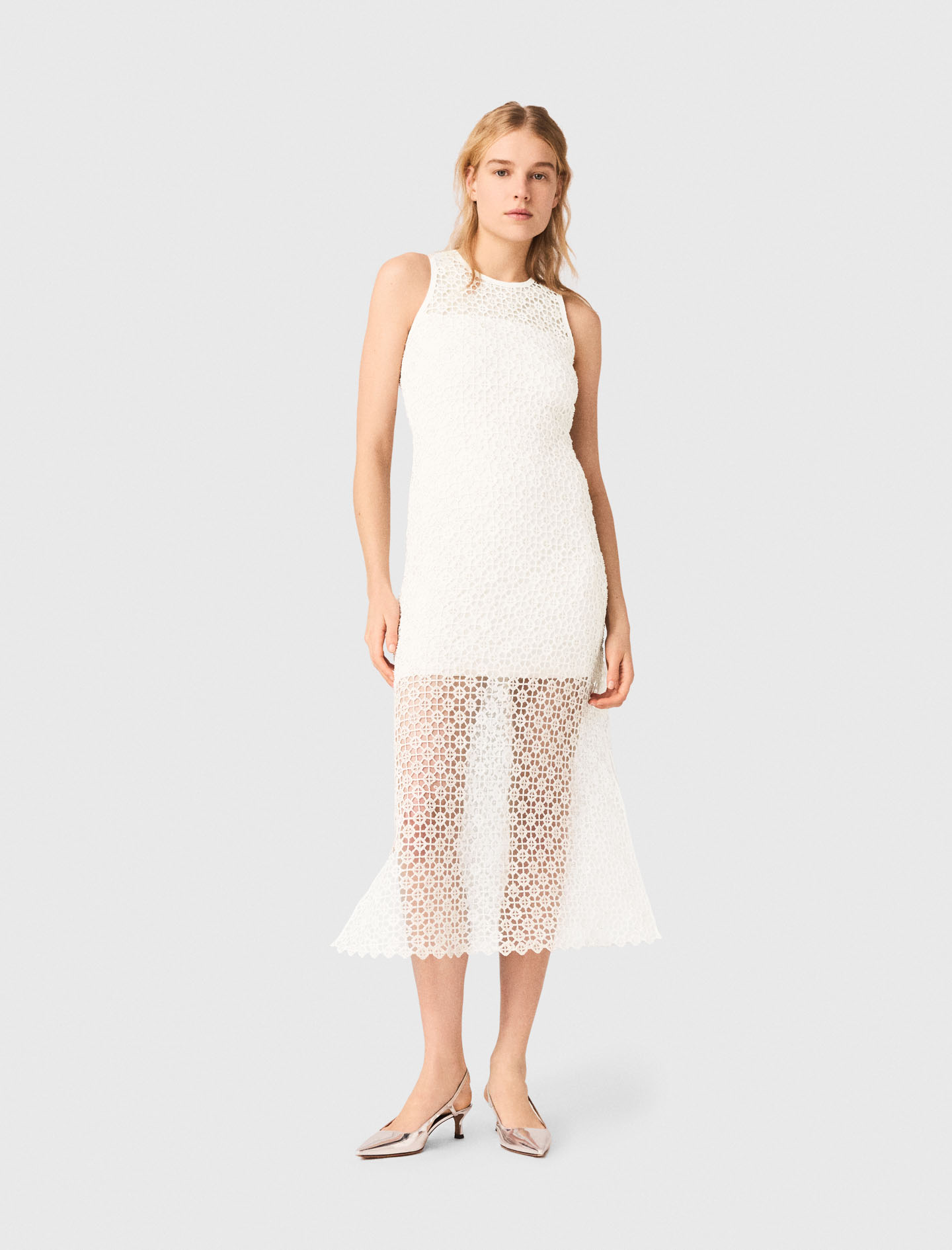 Robe Longue En Crochet Et Strass - Blanc - Taille 40 - Maje