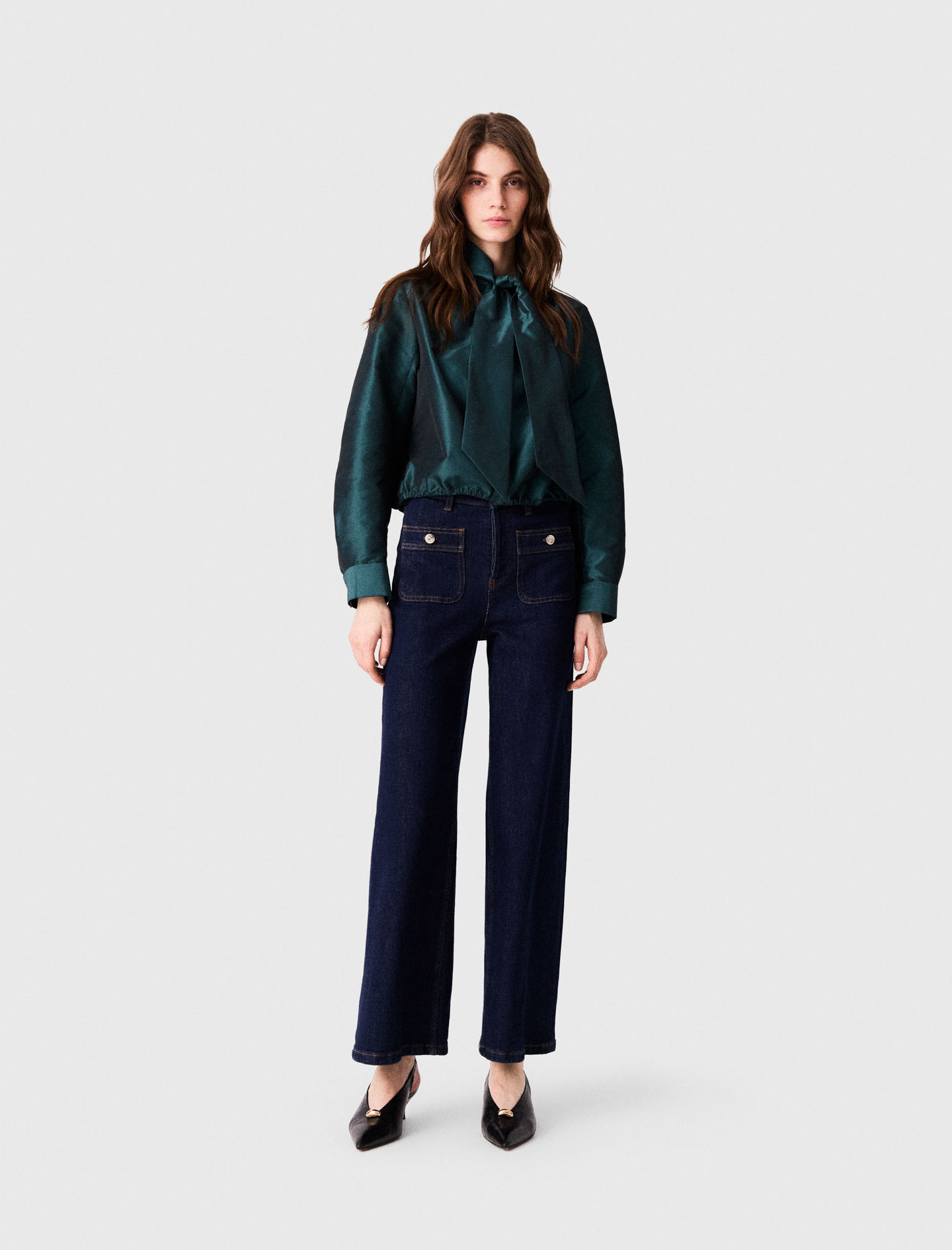 Chemise En Satin Avec Lavallière - Vert - Taille 2 - Maje