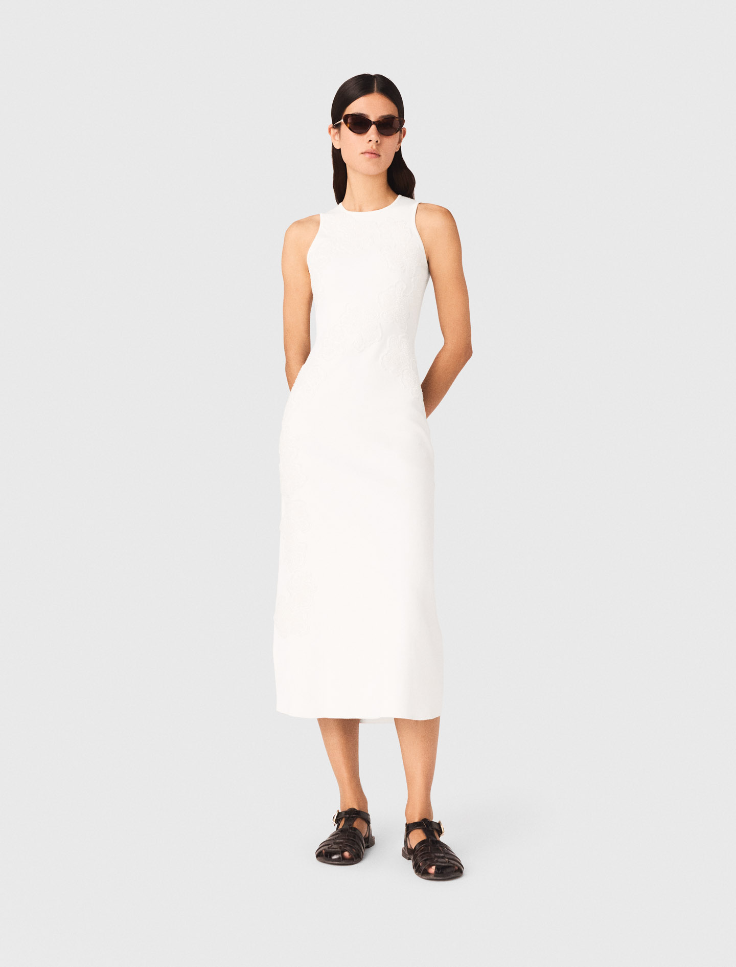 Robe À Fleurs Brodées Perlées - Blanc - Taille 40 - Maje