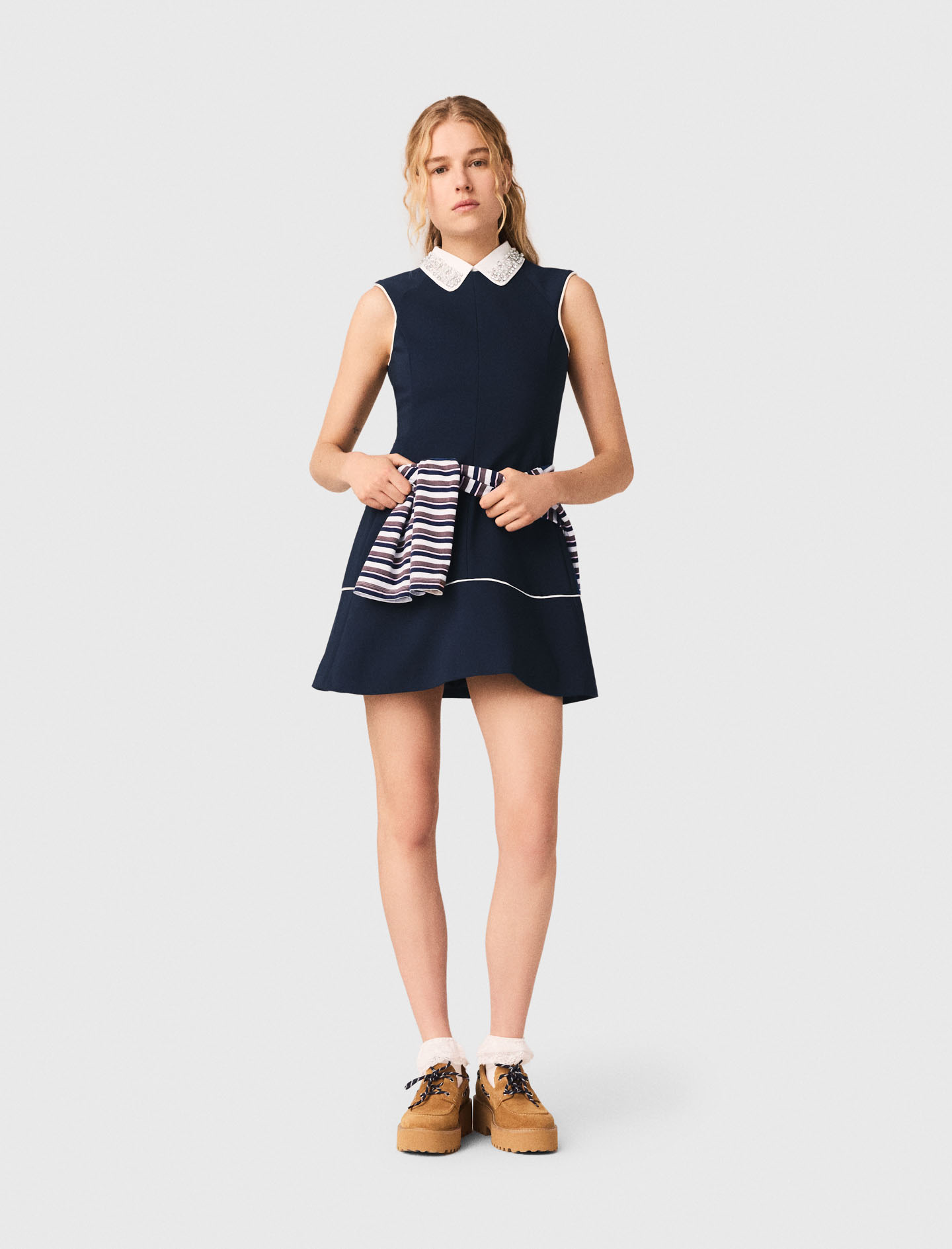 Robe Évasée À Contours Contrastés - Bleu Marine - Taille 38 - Maje