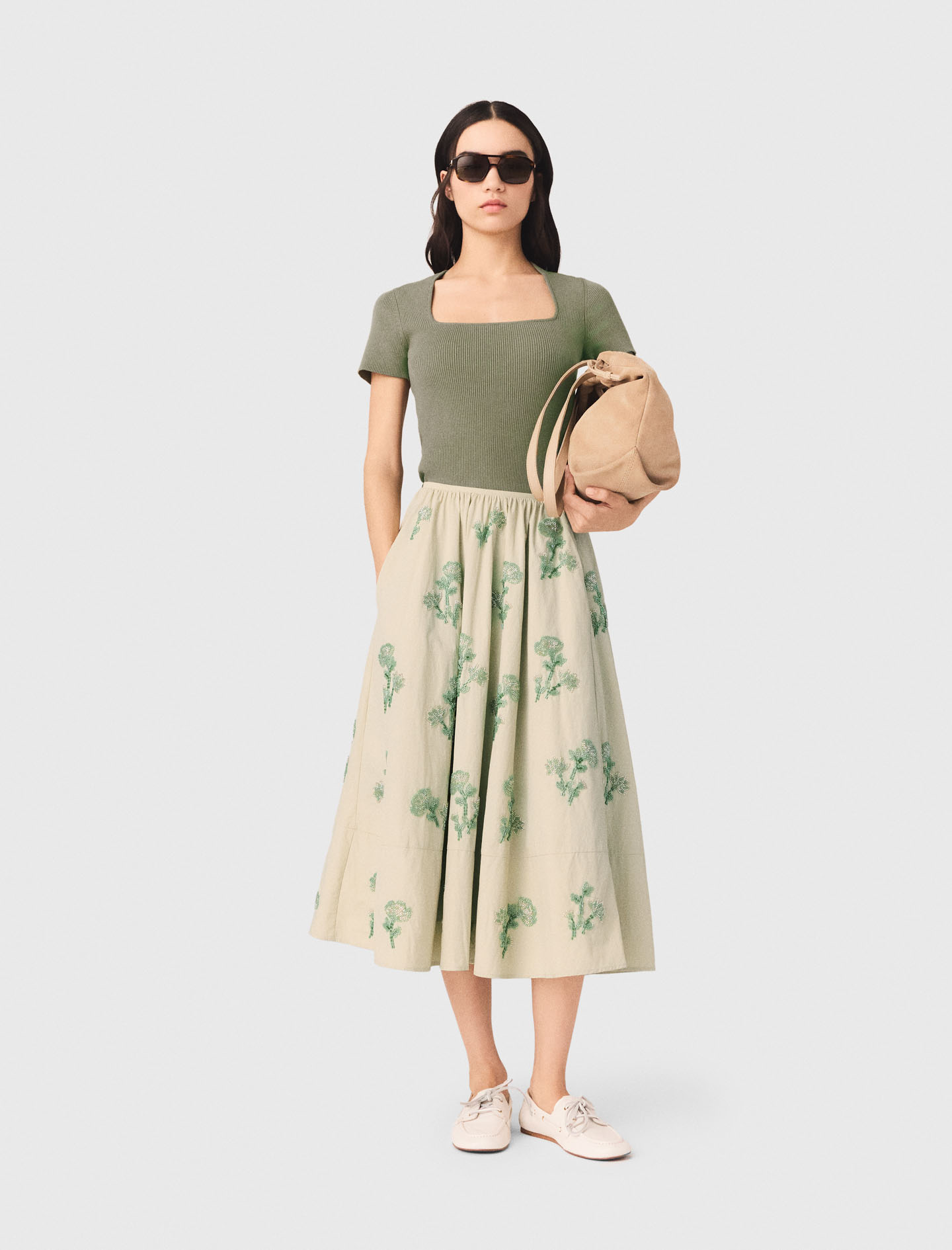 Jupe En Matière Technique Brodé - Beige - Taille 38 - Maje