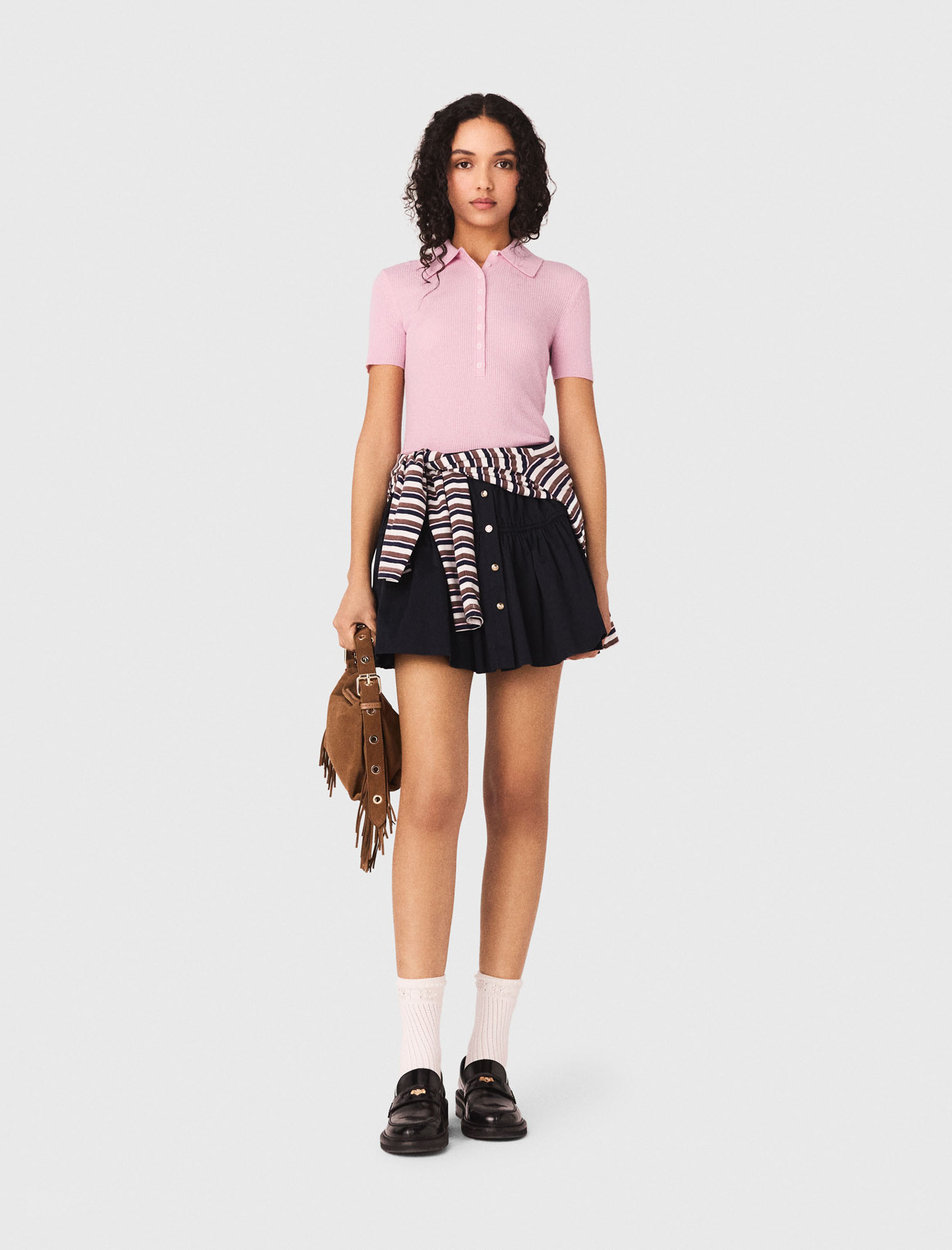Pull Côtelé À Col Polo - Rose - Taille 0 - Maje