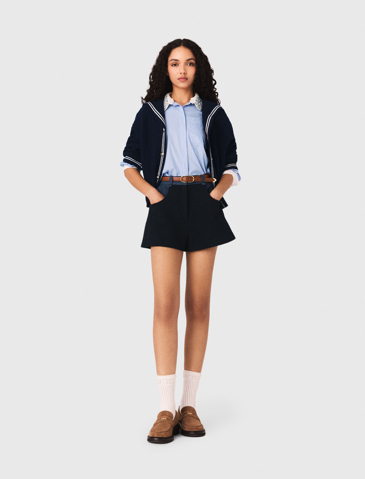 Short En Tweed Et Détails Denim - Bleu Marine - Taille 36 - Maje