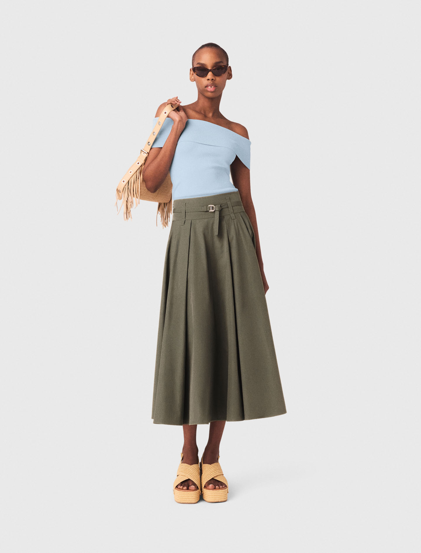 Jupe Longue Plissée En Coton - Vert - Taille 40 - Maje