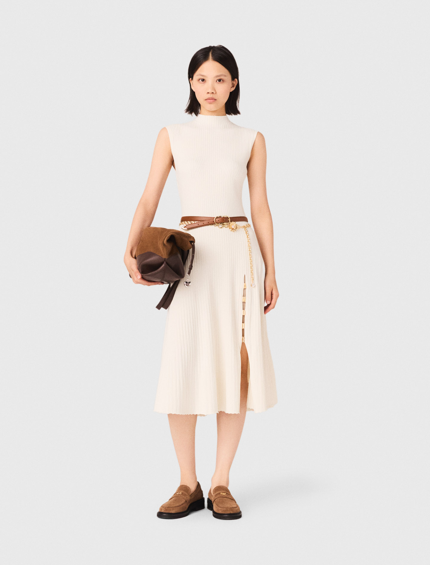 Robe Cotelée Avec Fente Latérale - Blanc - Taille 40 - Maje