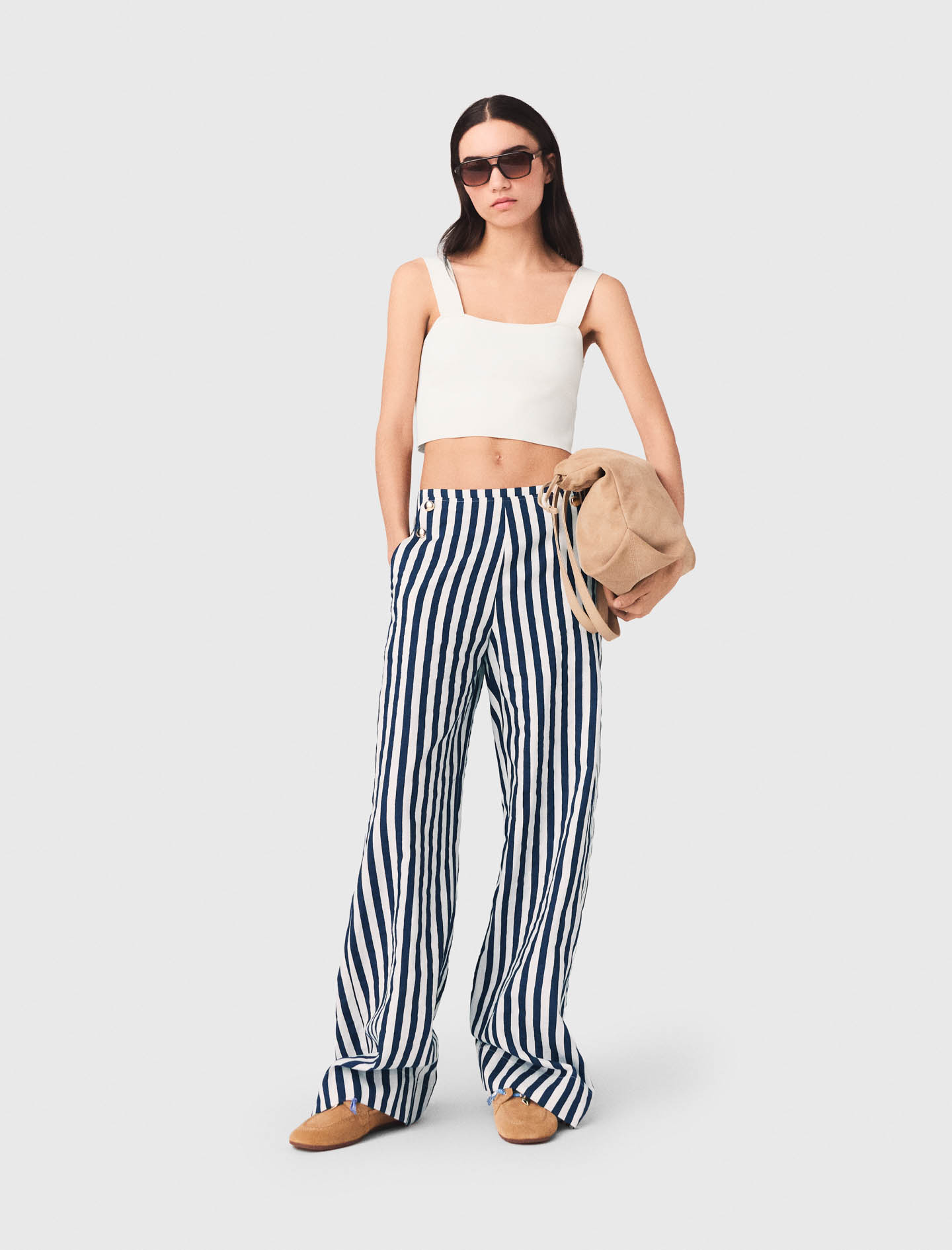 Pantalon À Pont En Lin Mélangé - Bicolore - Taille 36 - Maje