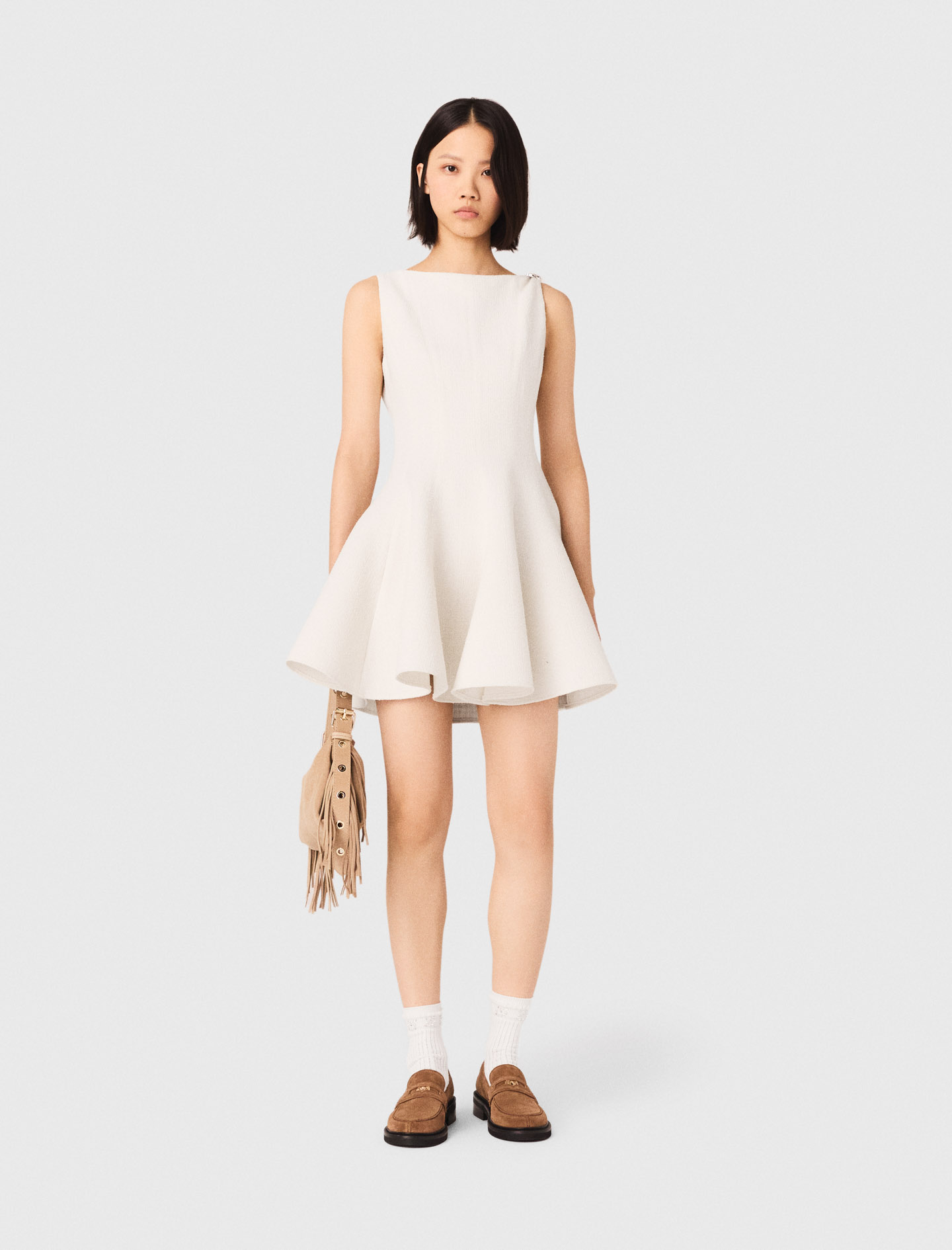 Robe Courte Évasée En Tweed - Blanc - Taille 42 - Maje