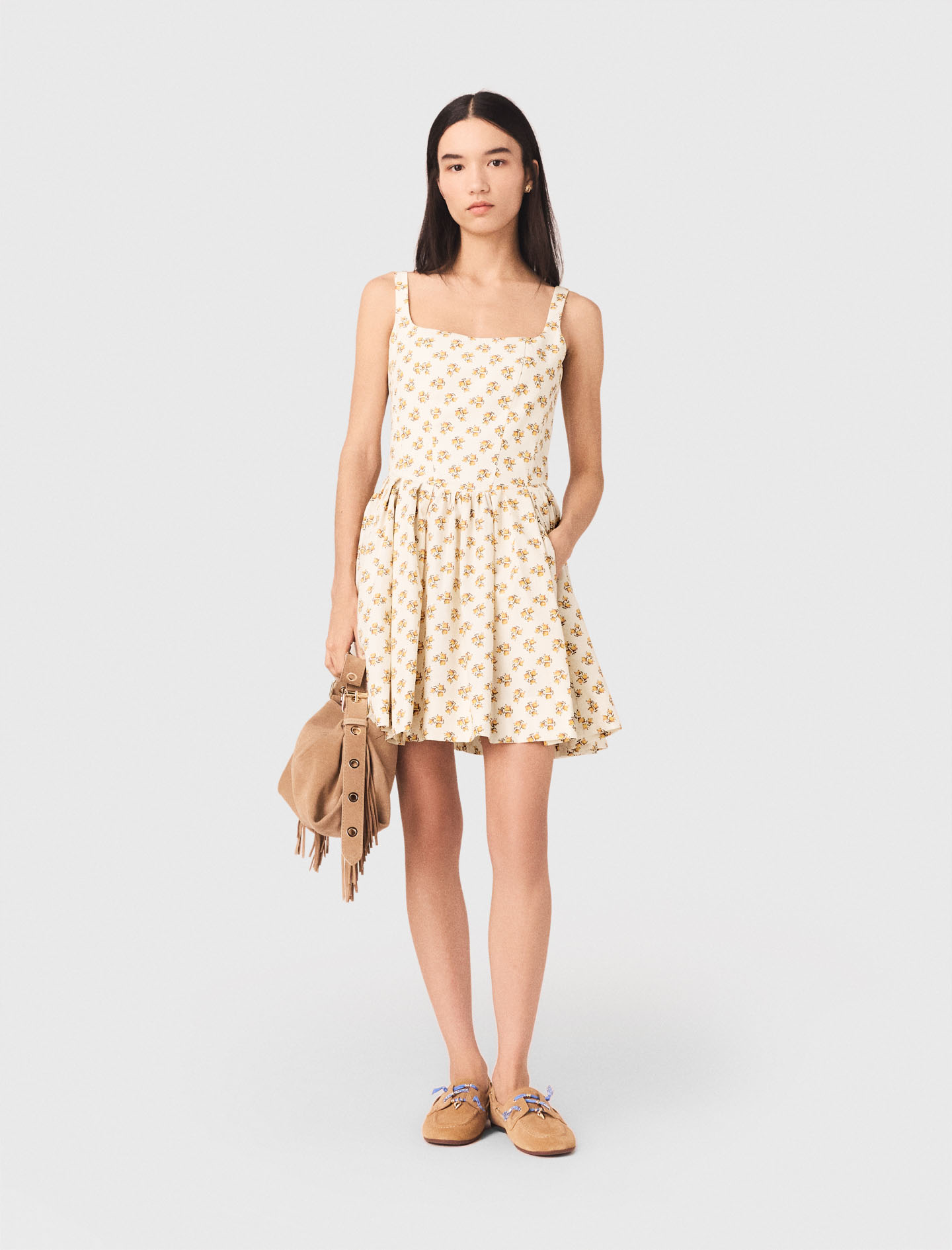Robe Courte Évasée Imprimée - Jaune Petites Fleurs Print - Taille 38 - Maje