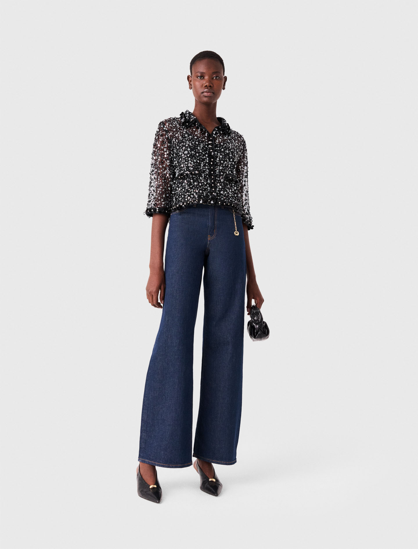 Polo Strassé À Motif Floral - Noir - Taille 3 - Maje