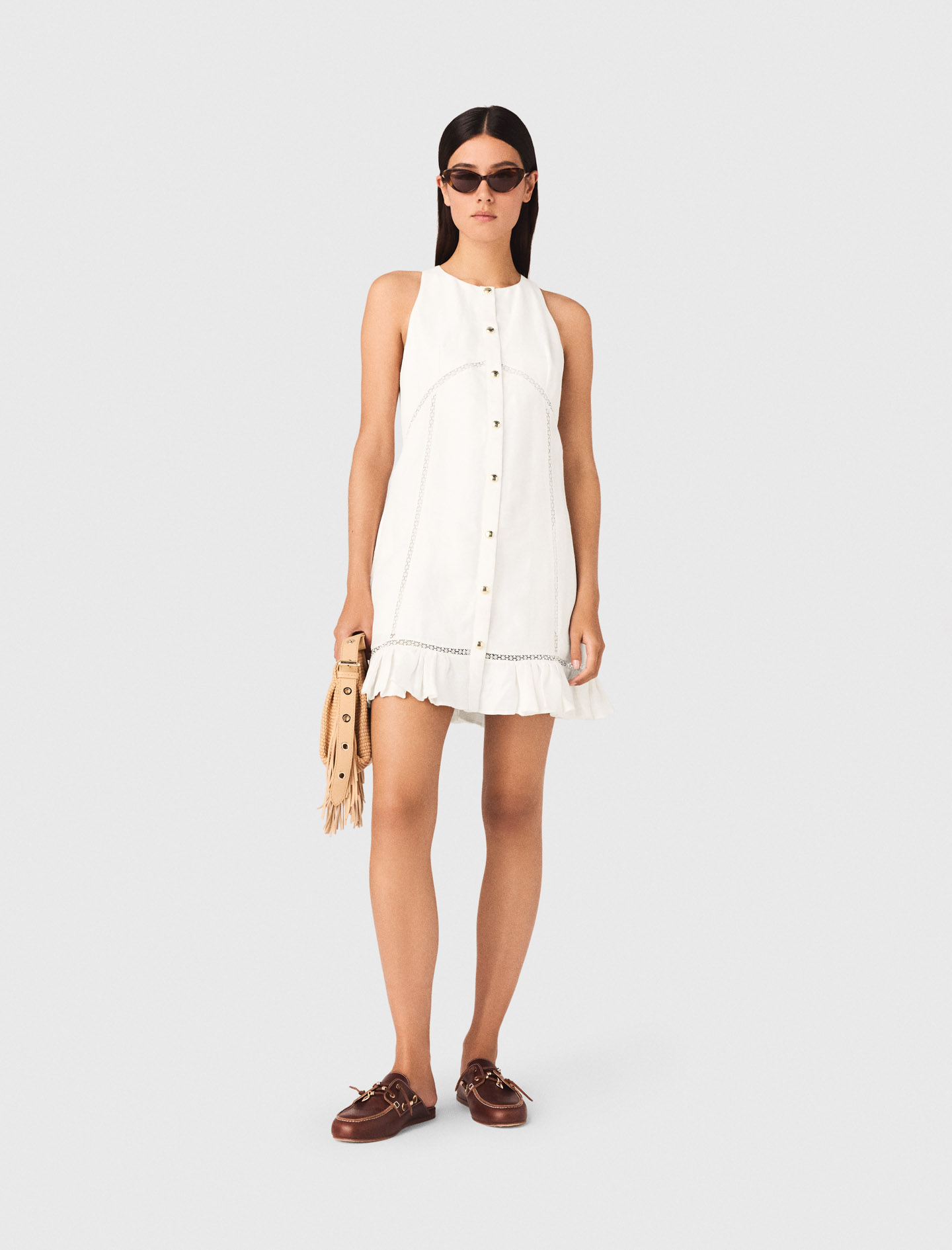 Robe En Lin Mélangé Et Broderie - Blanc - Taille 36 - Maje