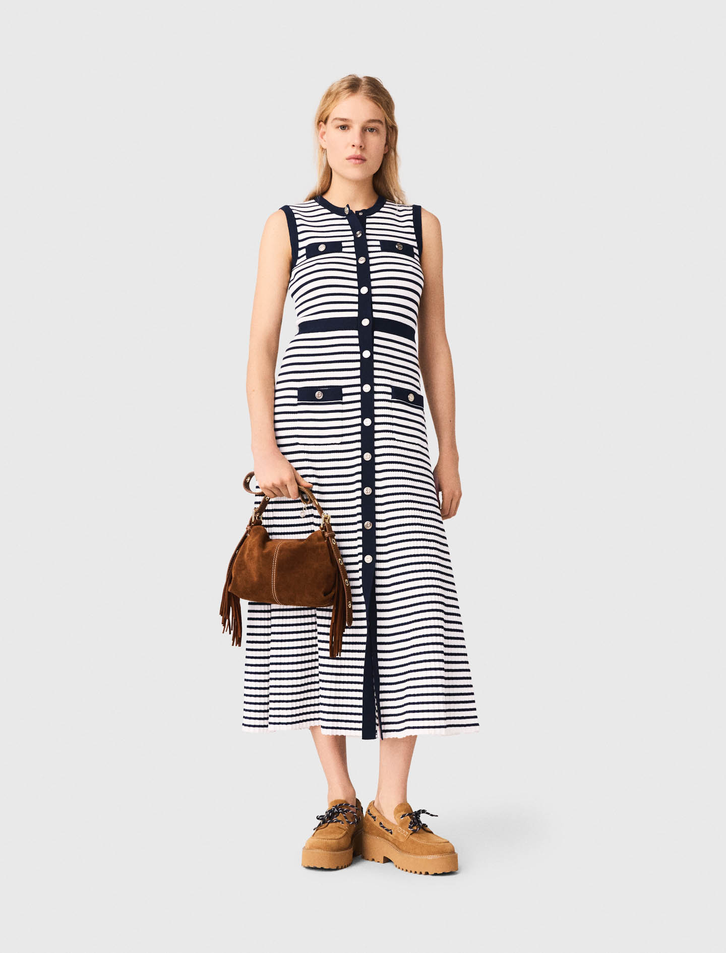 Robe Longue En Maille Marinière - Bicolore - Taille 38 - Maje