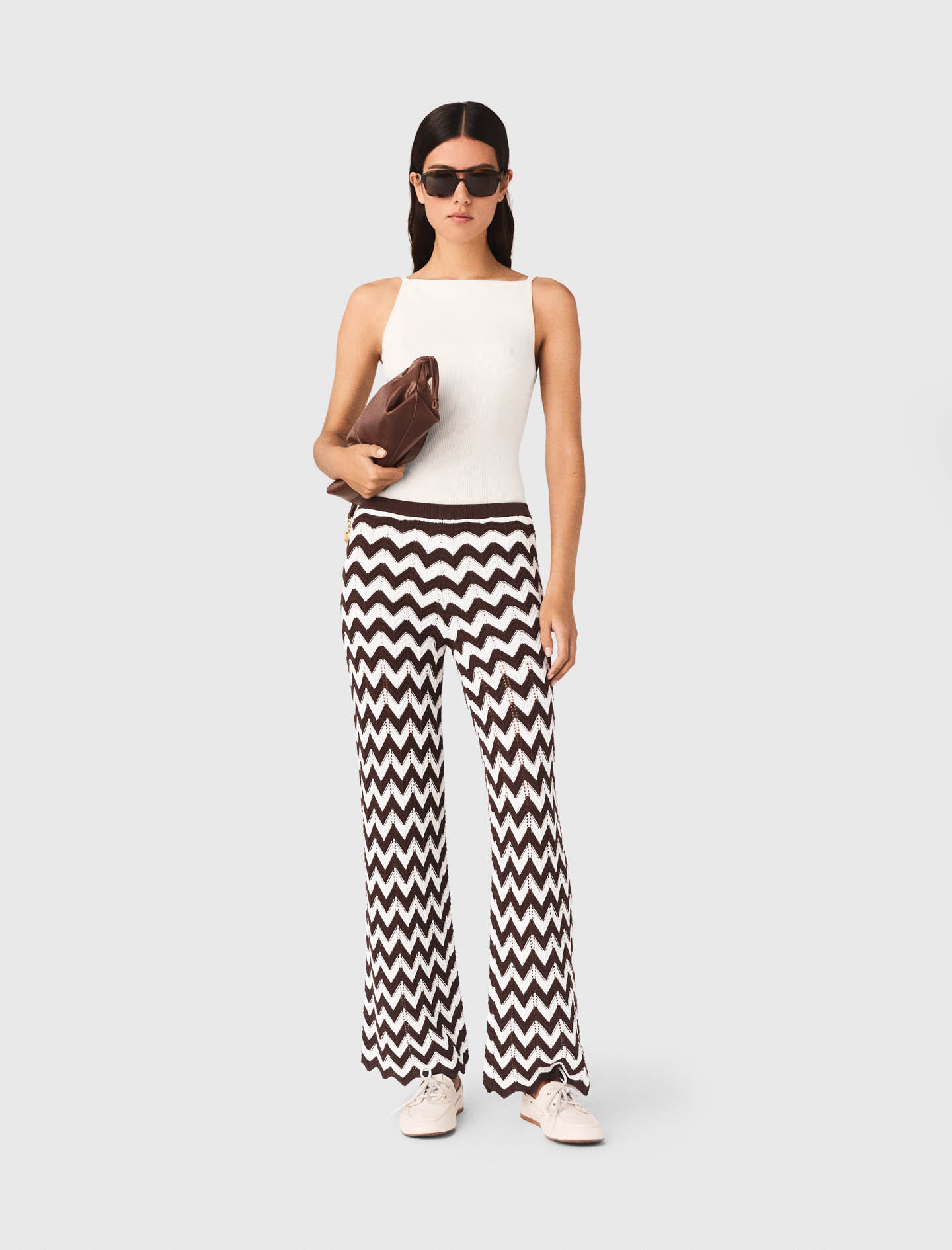 Pantalon En Crochet À Motif Zigzag - Marron/blanc - Taille 36 - Maje