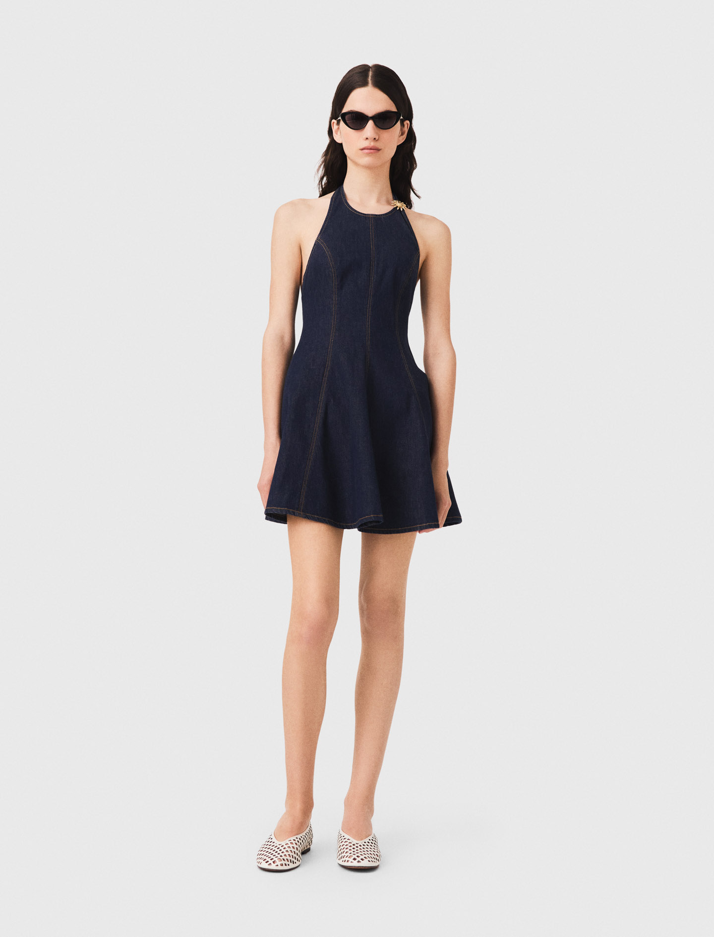 Robe Courte En Denim Avec Broche - Bleu Marine - Taille 40 - Maje