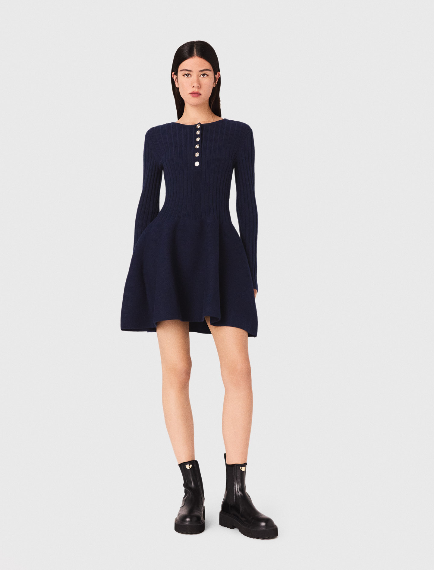 Maje Womens Navy Round-neck Flared-skirt Stretch-knit Mini Dress In Blue