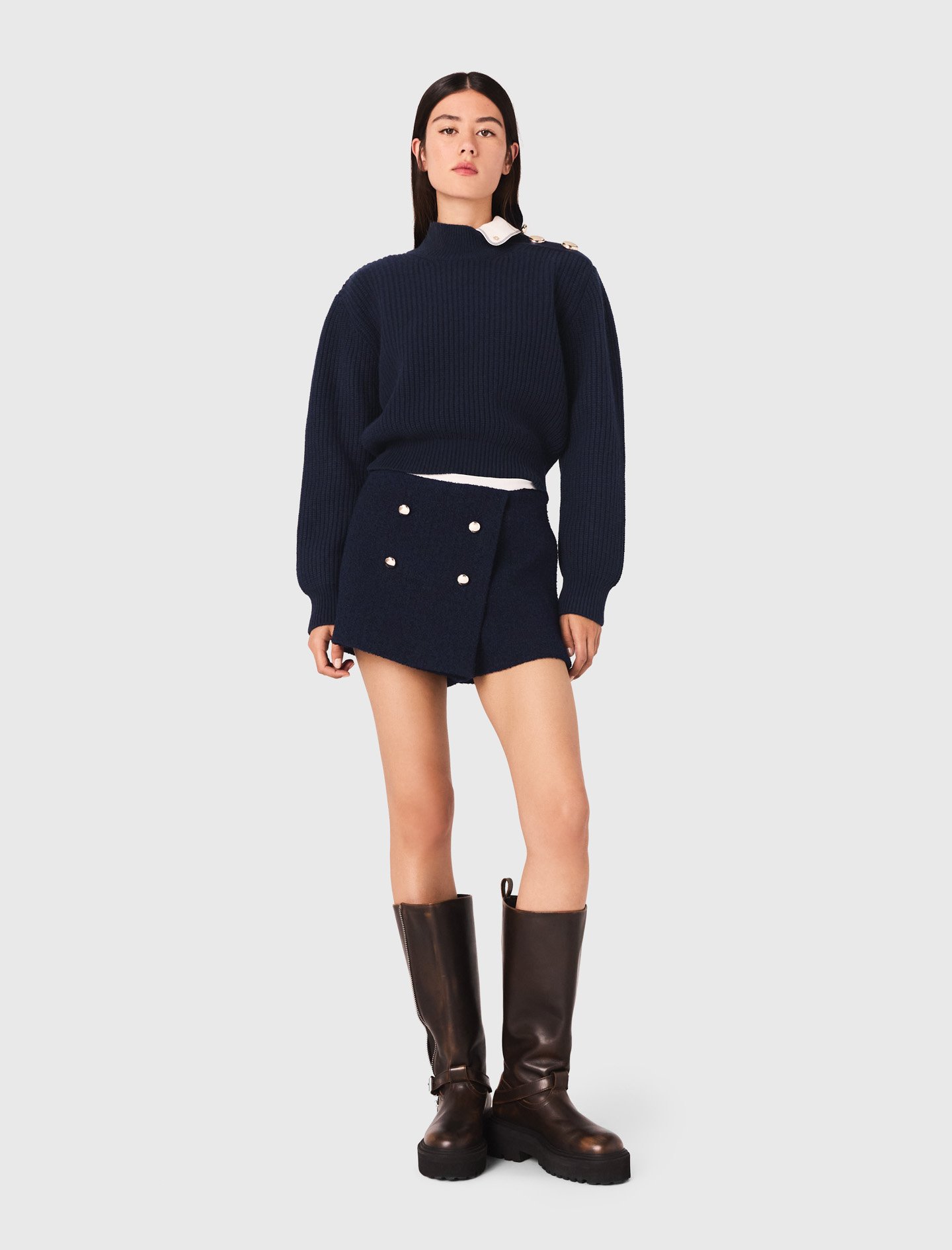 Short En Tweed Et Bande Contrastée - Bleu - Maje - Modalova