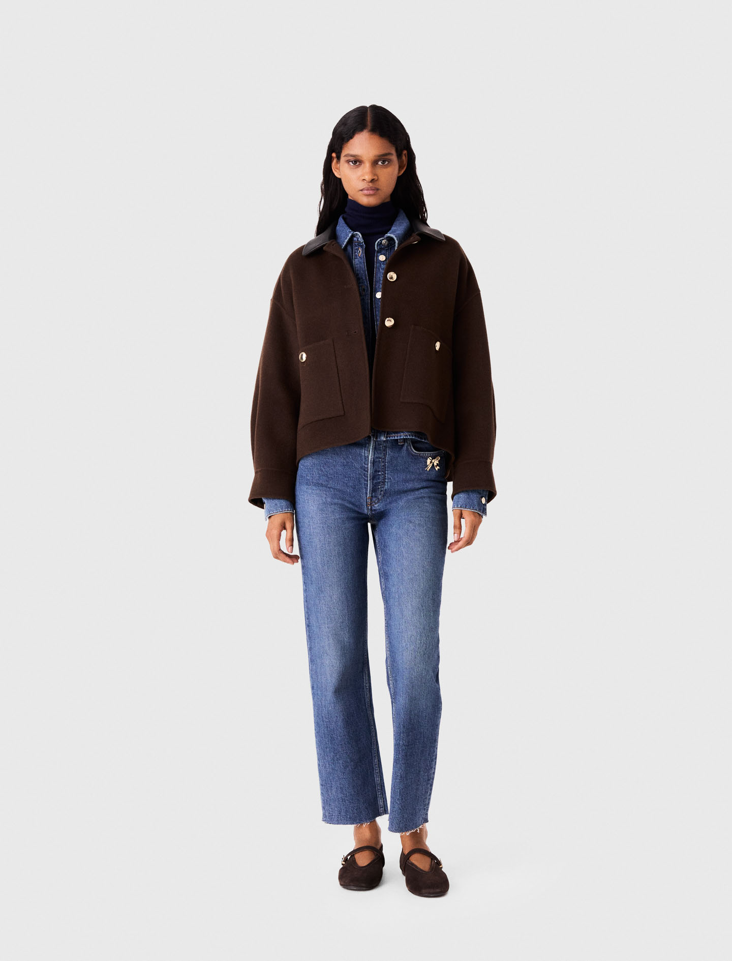 Veste Courte En Laine Et Dos Plissé - Marron - Taille 38 - Maje