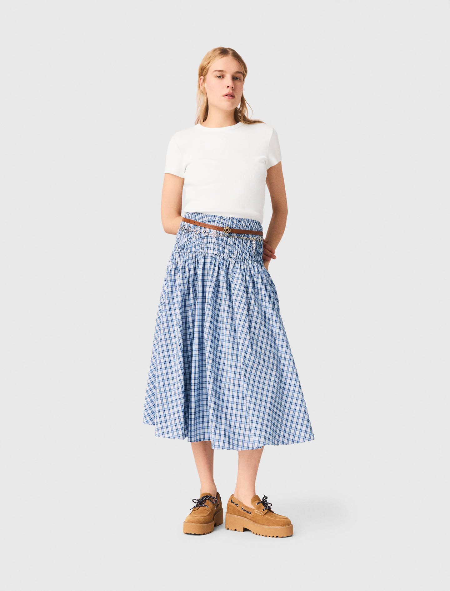 Jupe Longue En Coton Strassé - Carreaux Bleus Print - Taille 38 - Maje
