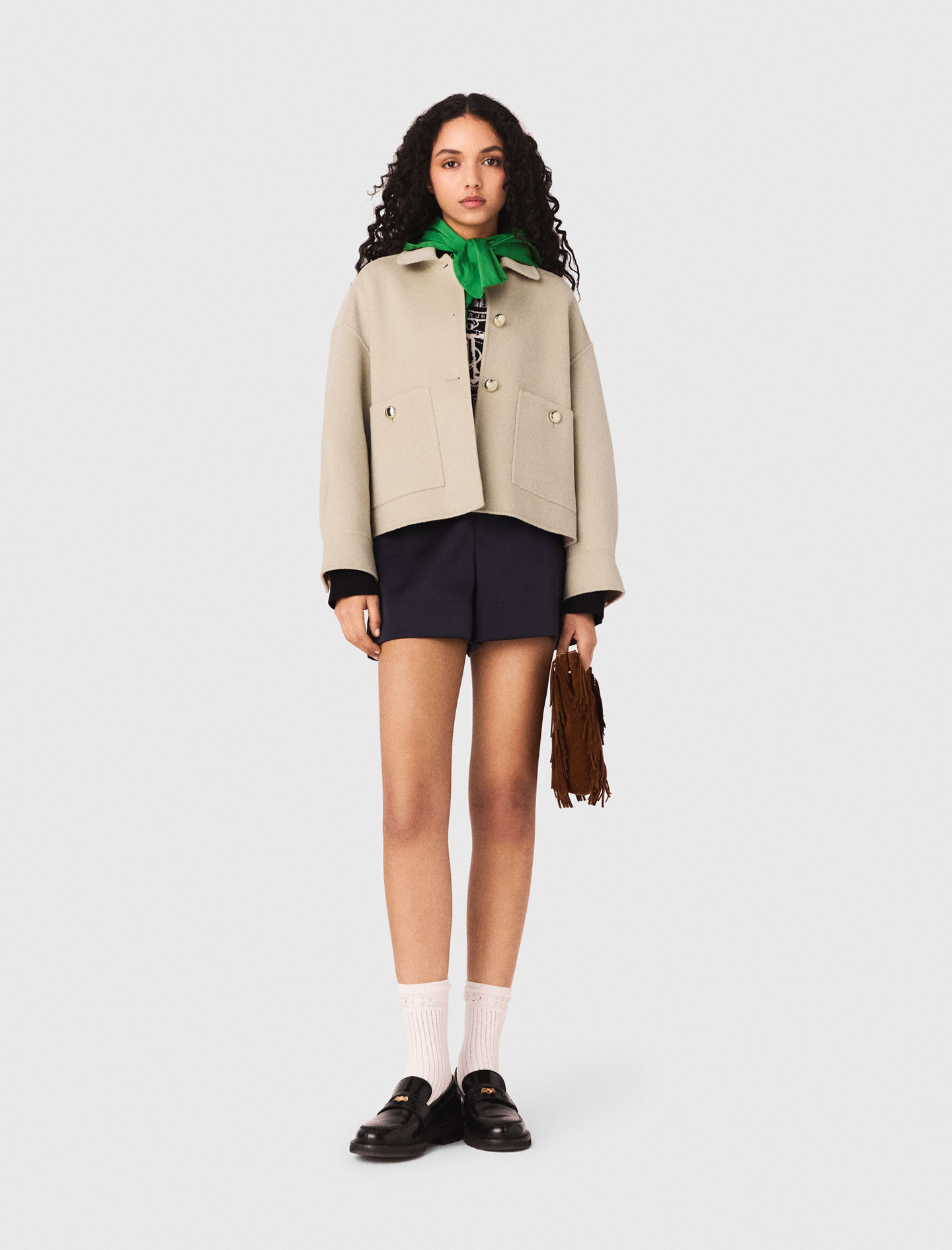Veste Courte En Laine Et Dos Plissé - Beige - Taille 42 - Maje