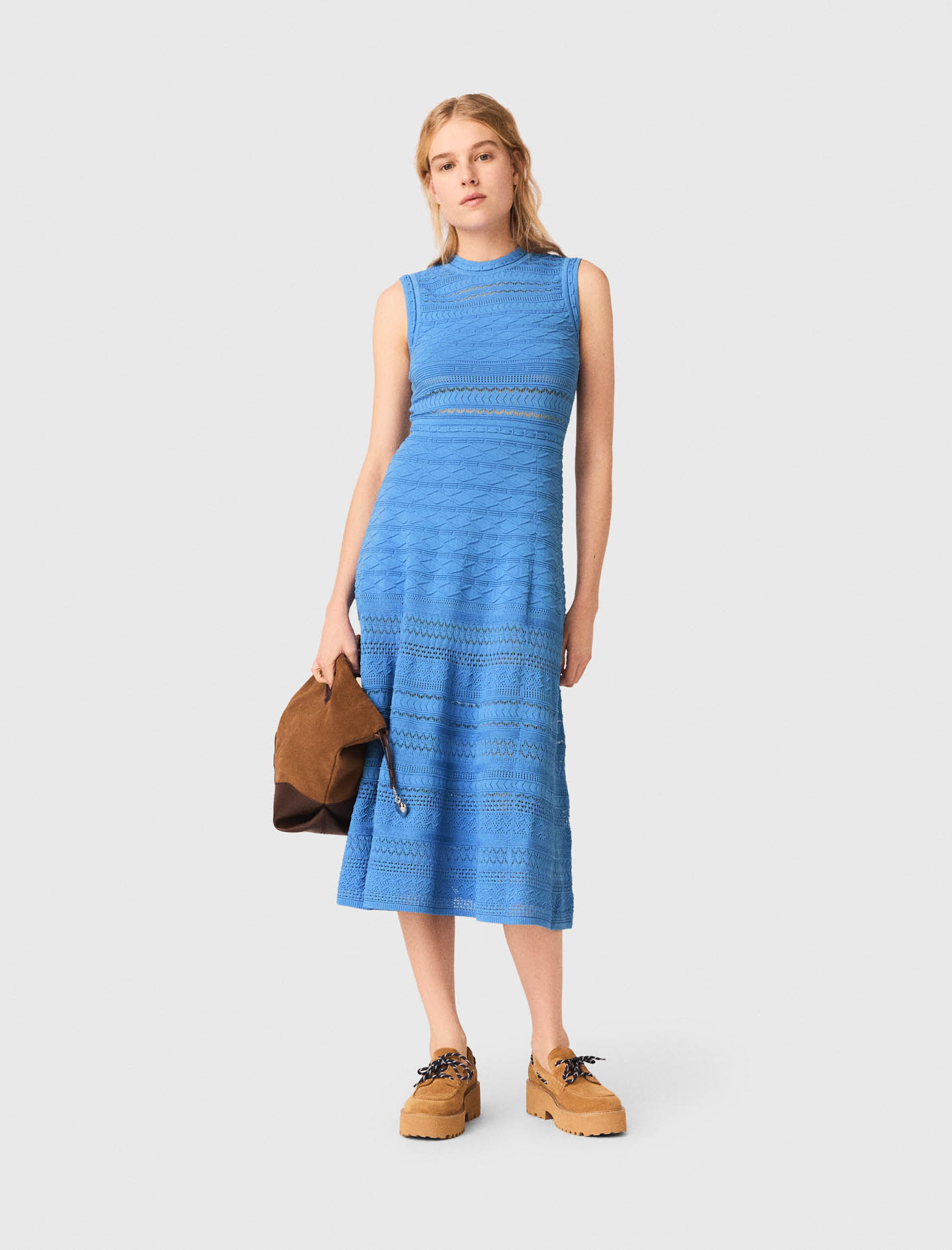 Robe Longue En Maille Pointelle - Bleu - Taille 40 - Maje