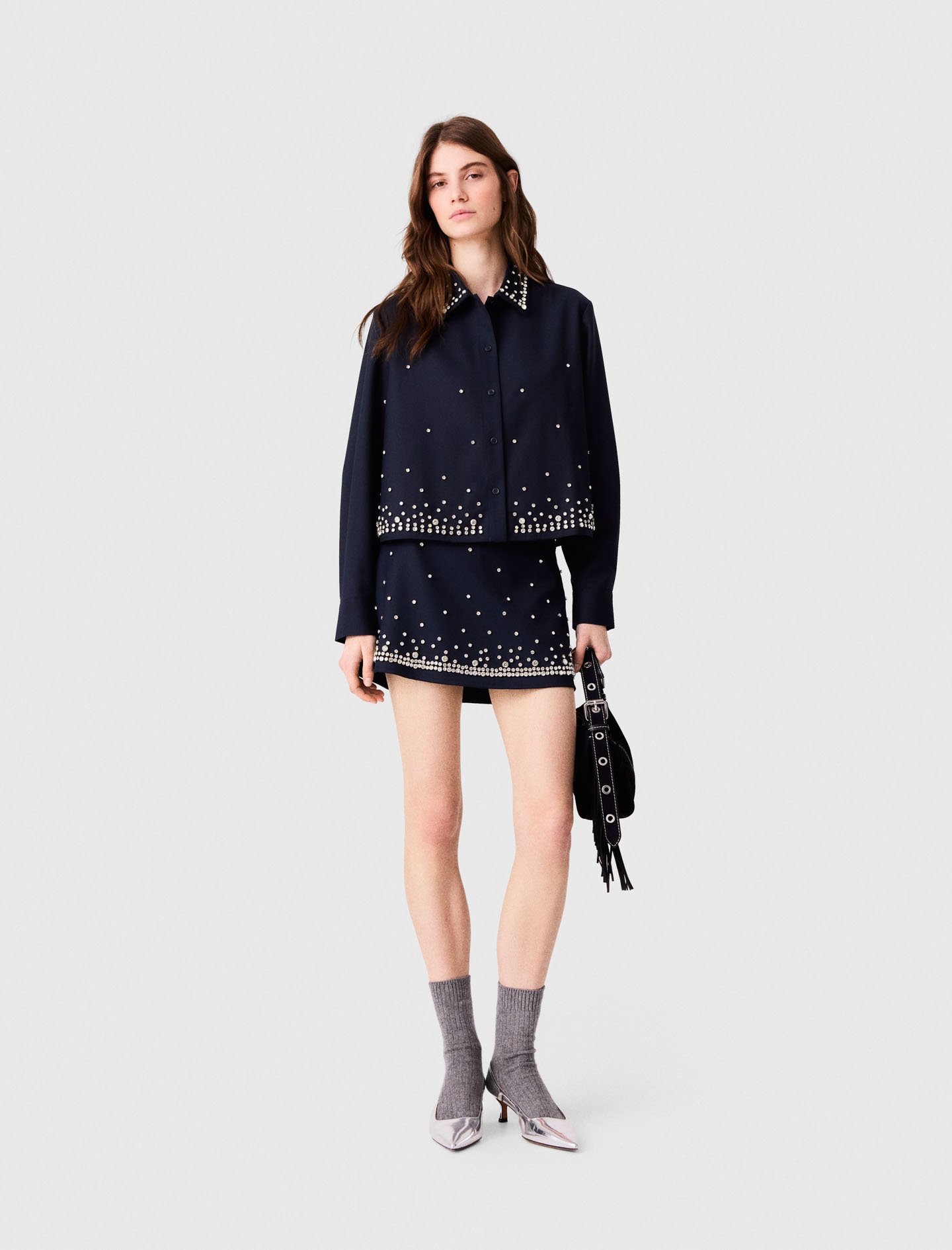 Chemise Courte Brodée De Strass - Bleu Marine - Taille 0 - Maje