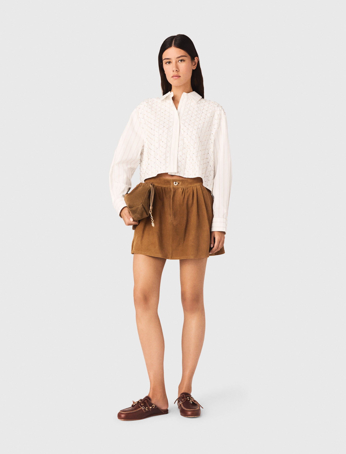 Chemise Courte Brodée De Perles - Blanc - Taille 2 - Maje