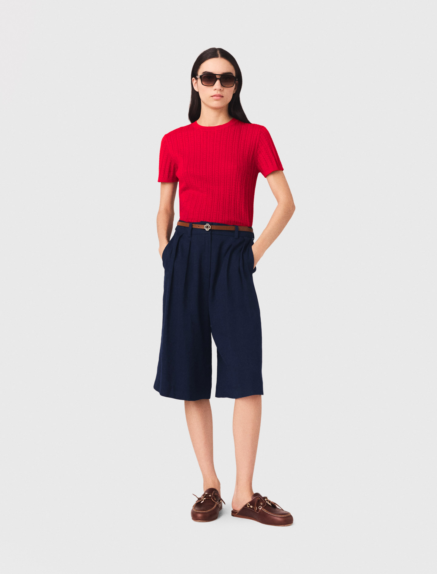 Bermudas En Lin Mélangé - Bleu Marine - Taille 40 - Maje