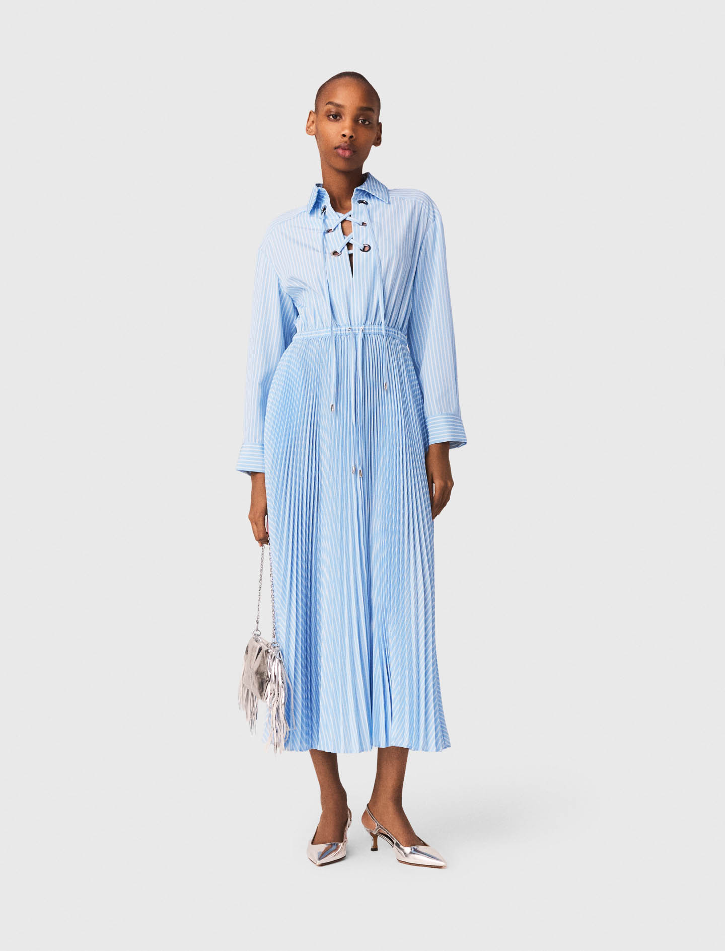 Robe Longue Plissée À Œillets - Bleu - Taille 38 - Maje