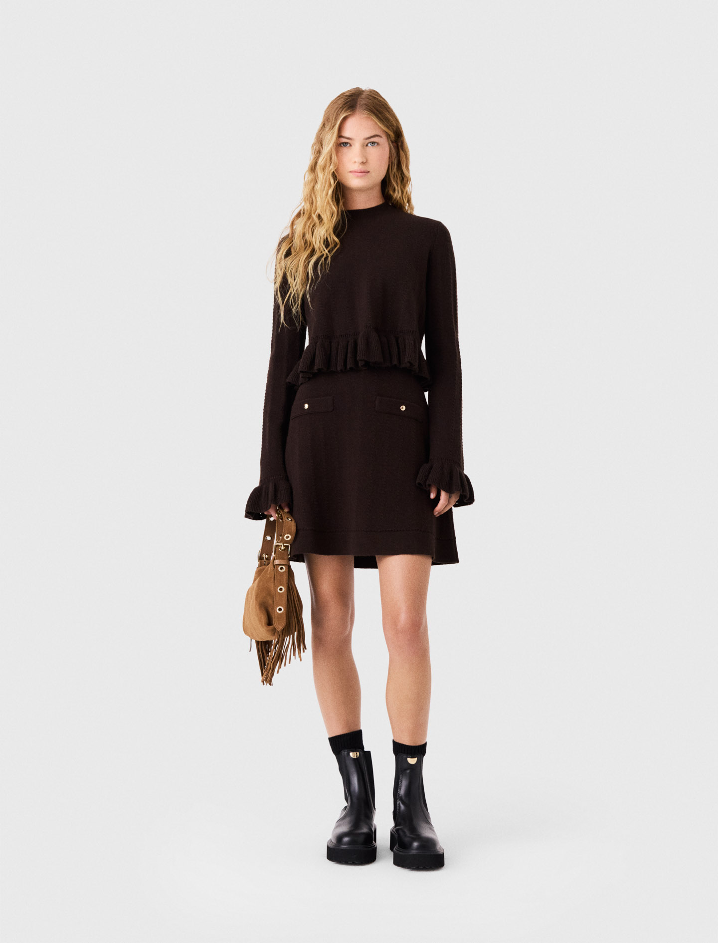 Robe En Maille Avec Pull Amovible - Marron Fonce - Taille 42 - Maje