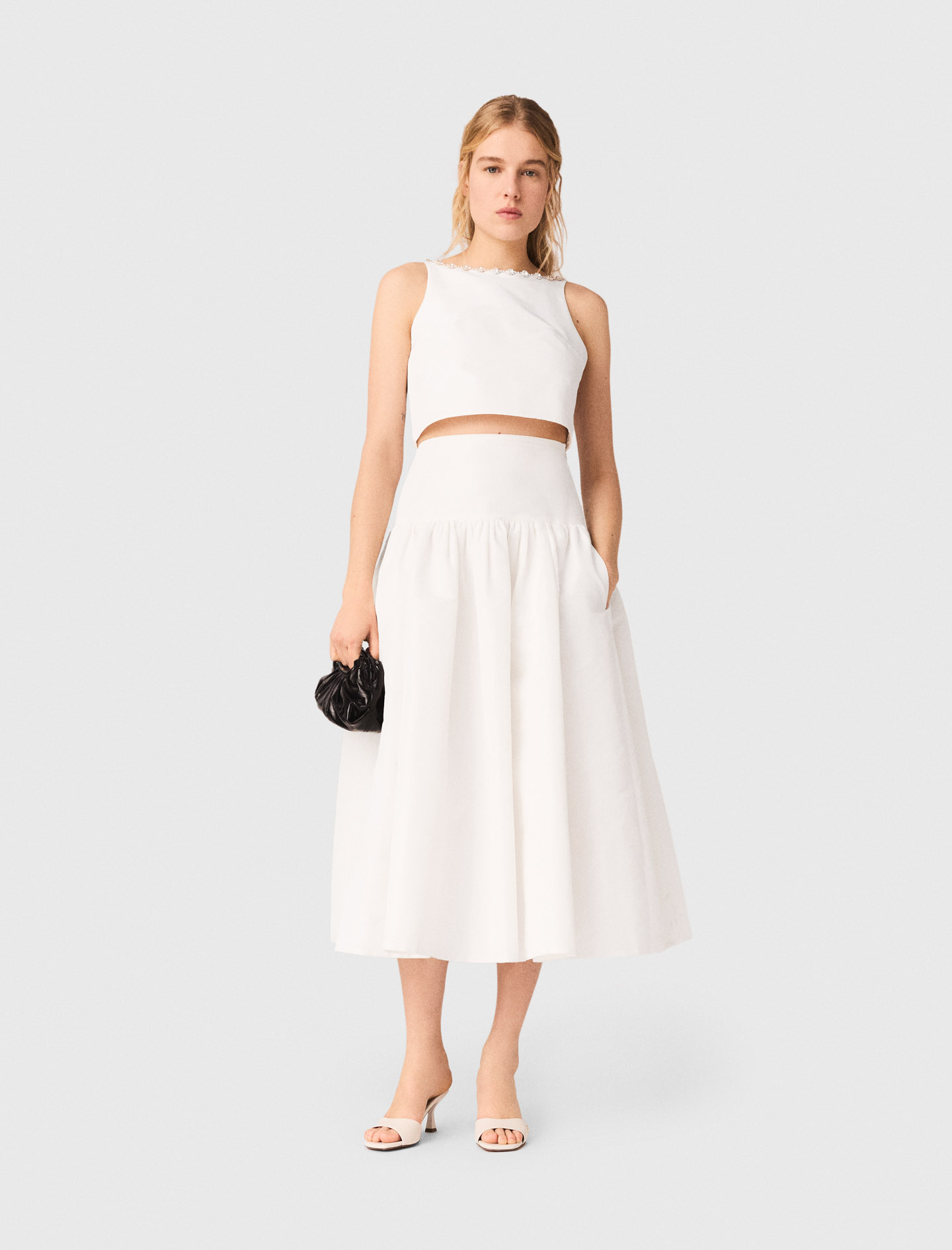 Top Court En Taffetas Et Col Bijoux - Blanc - Taille 38 - Maje