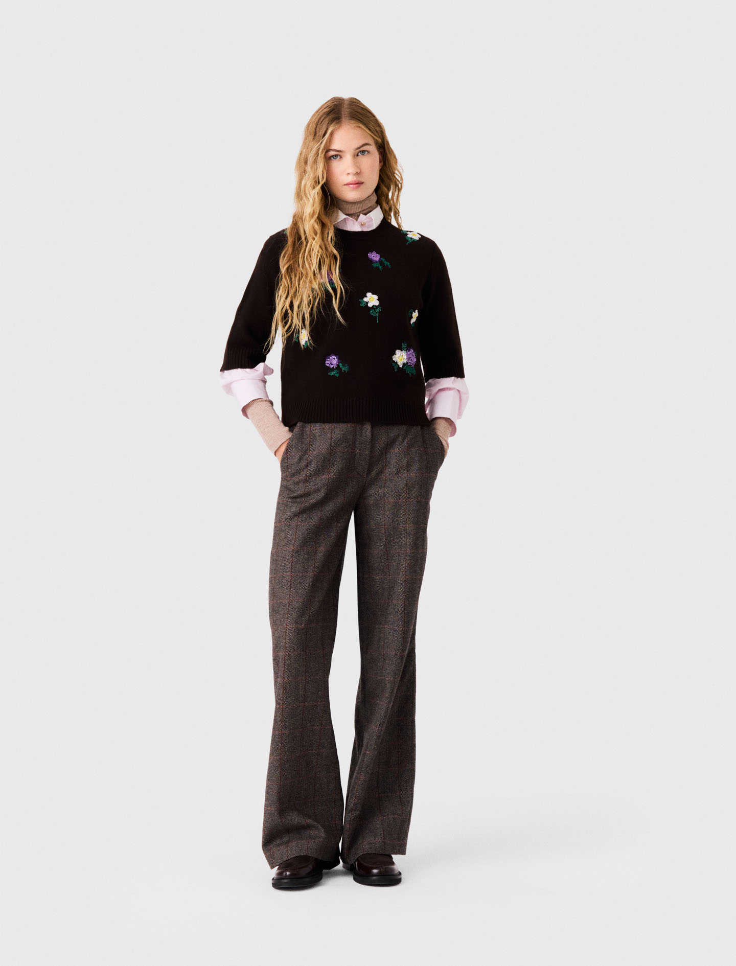 Pull À Broderies Florales - Marron - Taille 3 - Maje